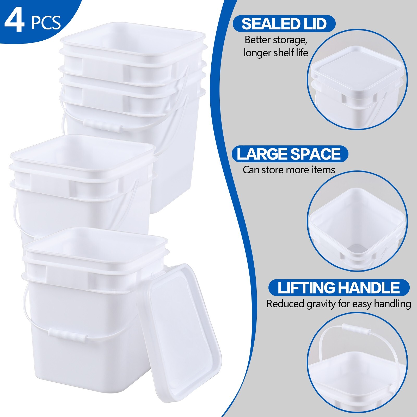 4-Pack 3 Gallon Square Food Grade Plastic Bucket Pail with Sealed Lid and Handle