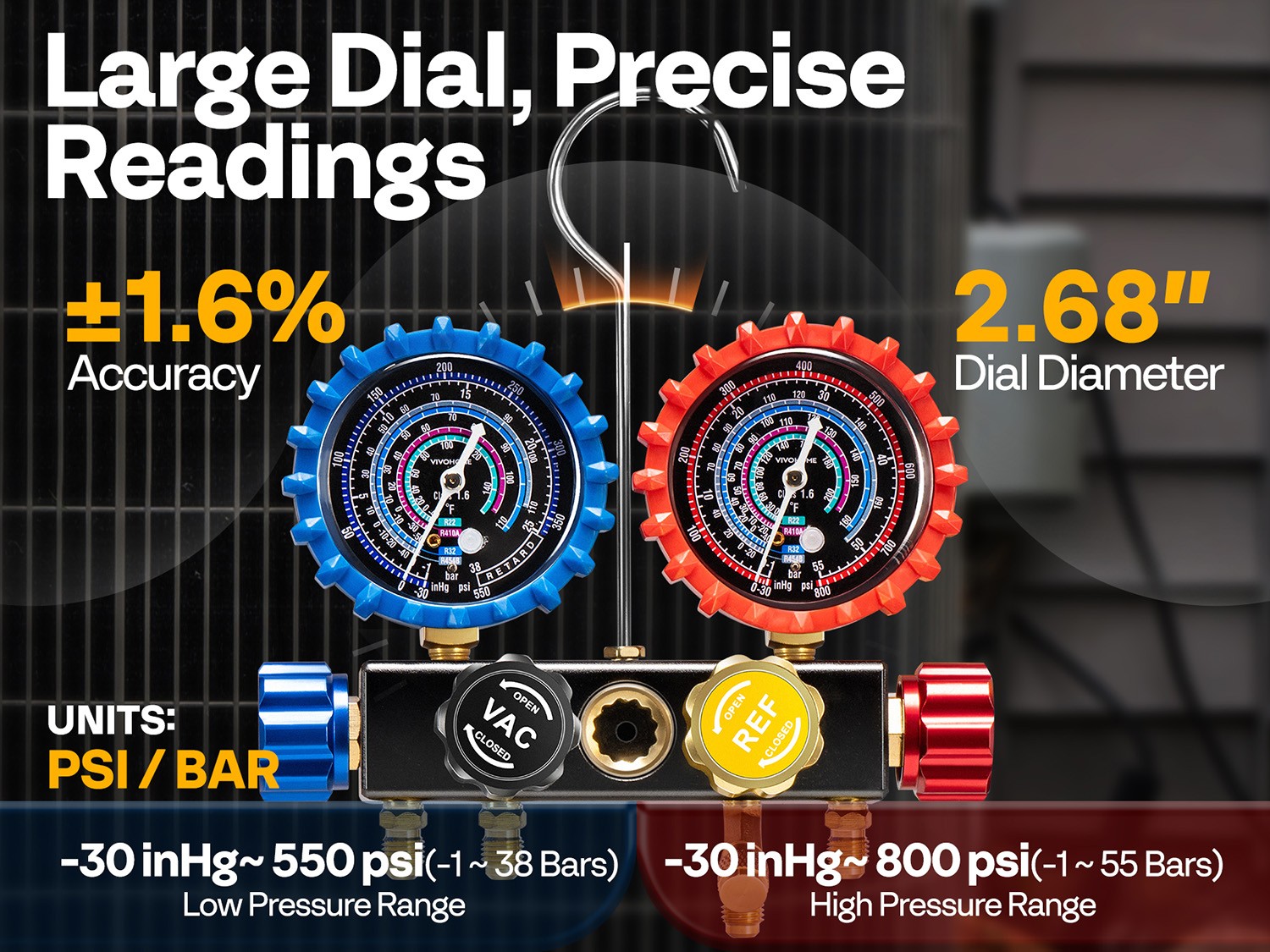 4 Valve HVAC Manifold Gauge Set R410A R454B R32 R22 AC Gauges w/ 5ft Hoses Kit