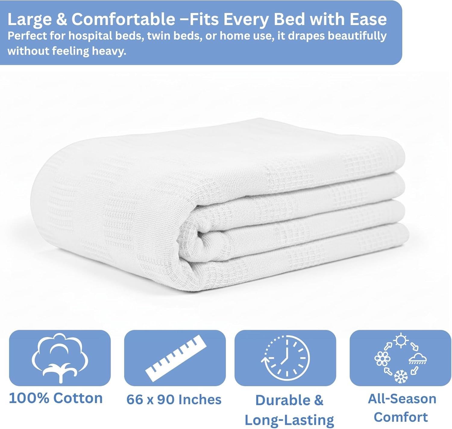 Hospital Thermal Blanket Throw Snag Free | 100% Cotton | Twin 66" x 90" | White