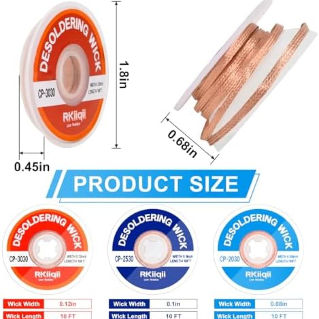 3Pcs Solder Wick Braid Kit with Flux, Low Residue Desoldering Wire 10ft Each USA