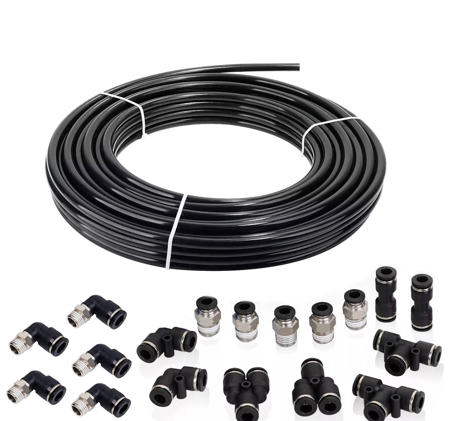 Air Line Tubing Kit 3/8'' OD 100ft Nylon Hose 1/4'' NPT Push to Connect Fittings