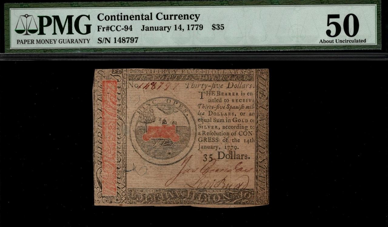 CC-94 *** PMG AU50 *** $35 January 14, 1779 Continental Colonial Currency Note