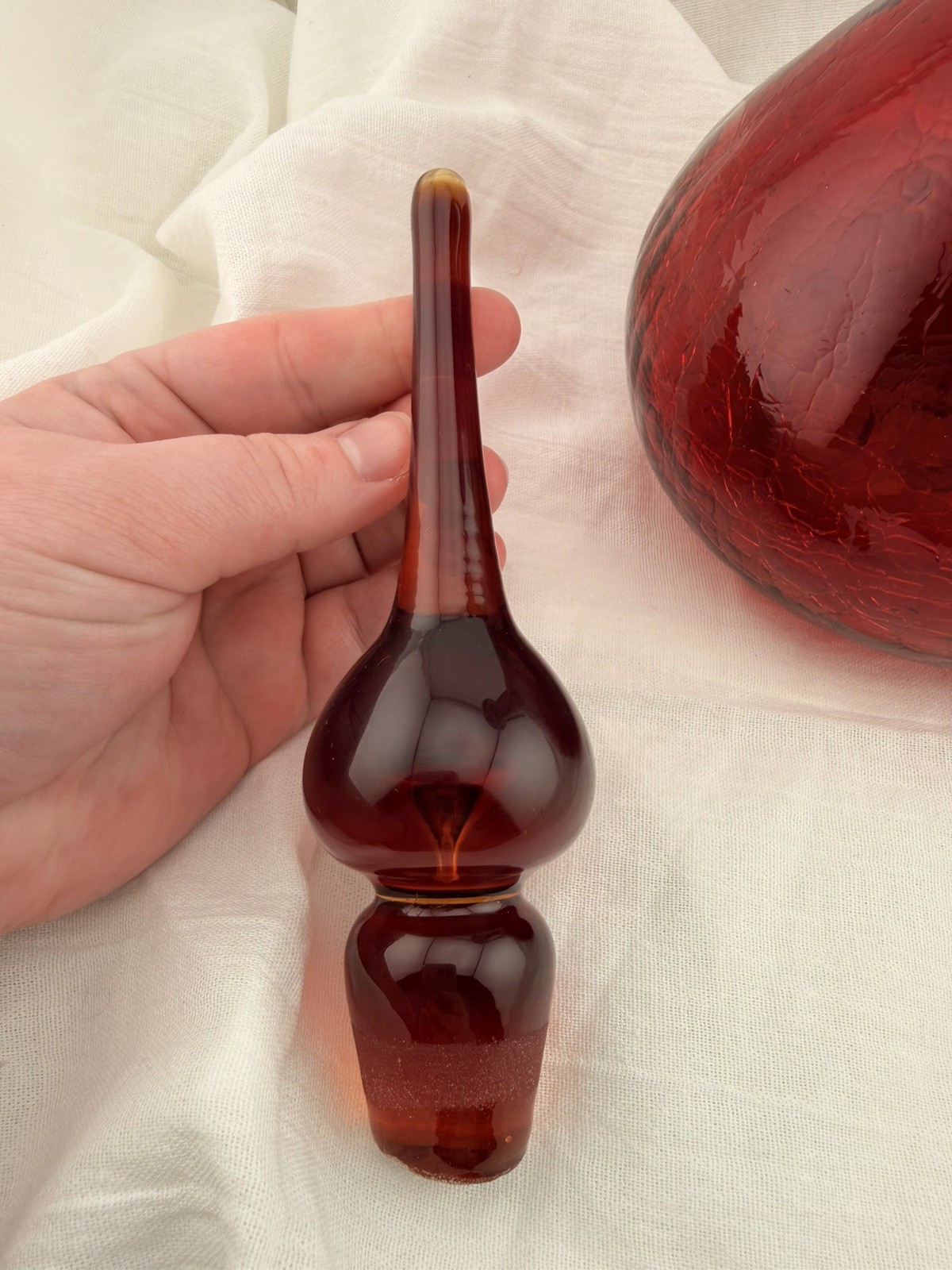 Vintage Blenko Red Glass Decanter Hand Blown Mid Century Modern Art Glass Ruby