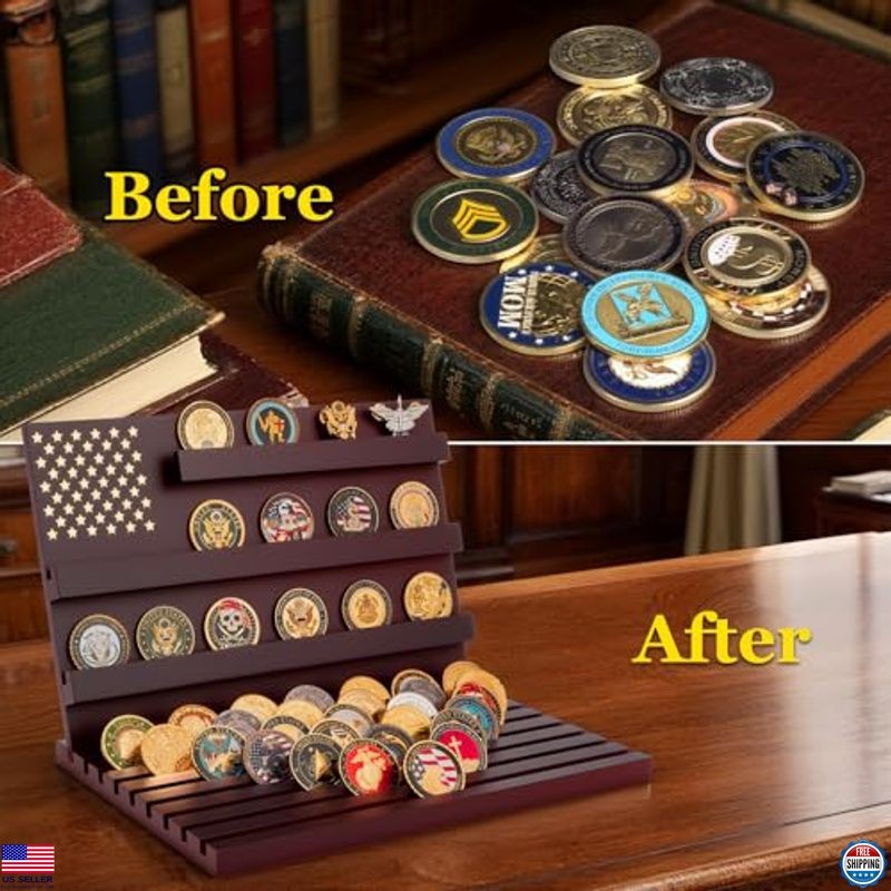 Premium Wooden Challenge Coin Display Stand - 11 Row Military Coin Holder Rack