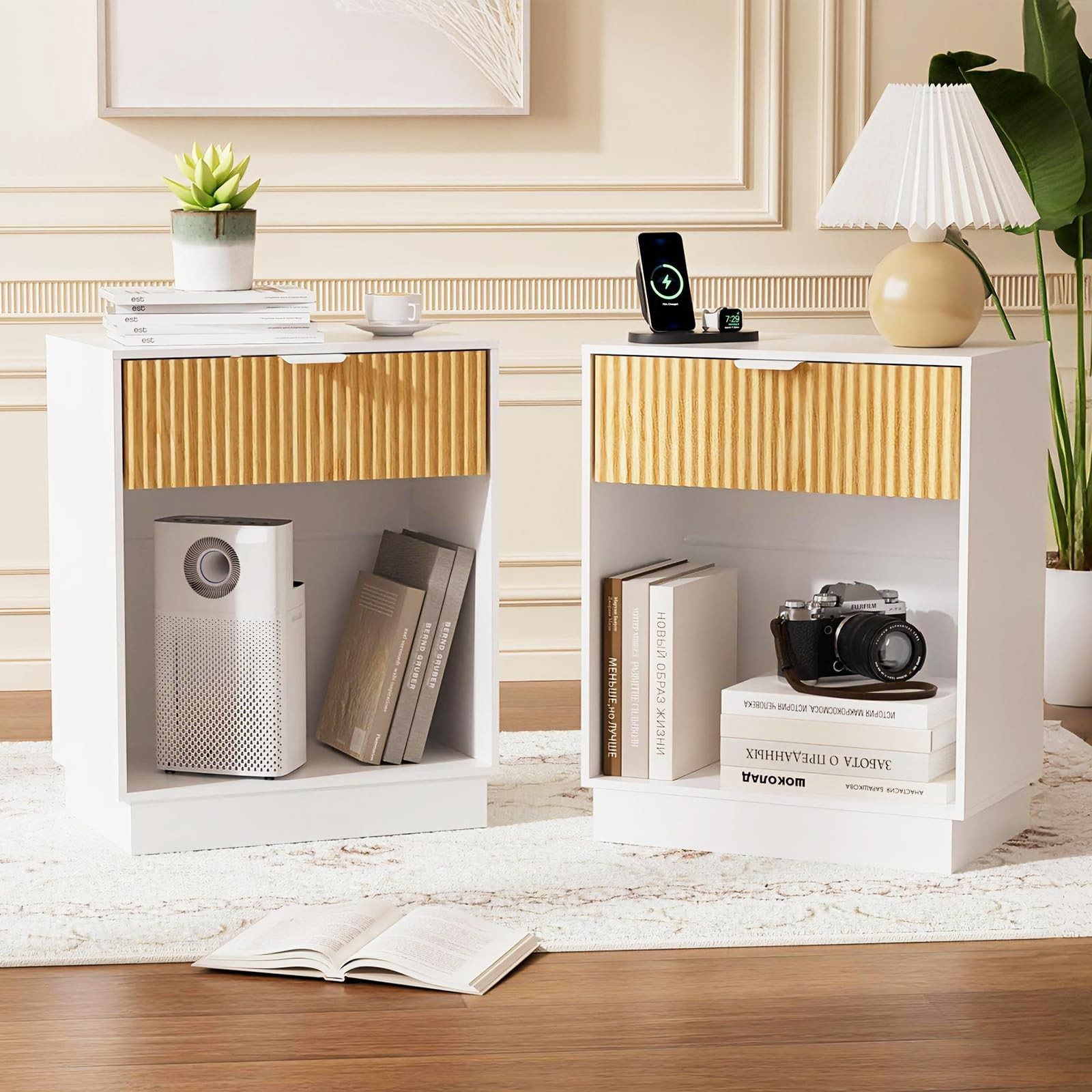 Fluted Nightstands Set of 2, Wood Bedside Table with Drawer and Open Shelf, M...