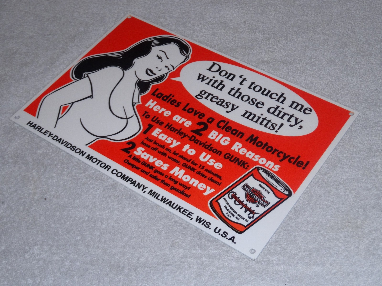 VINTAGE HARLEY DAVIDSON MOTORCYCLE GUNK WOMAN 12" MOTOR CYCLE GASOLINE OIL SIGN!