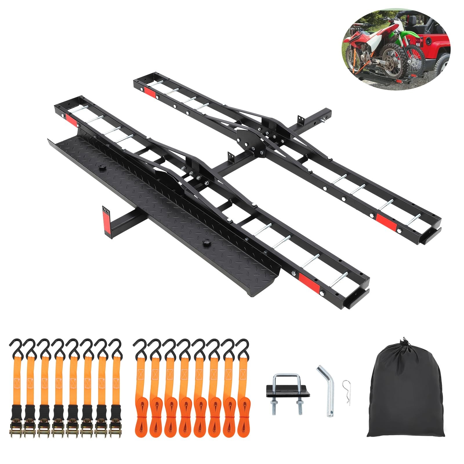 600 LBS Dual Motorcycle Steel Hitch Mount Hauler Dirt Bike Hitch Carrier w/Ramp
