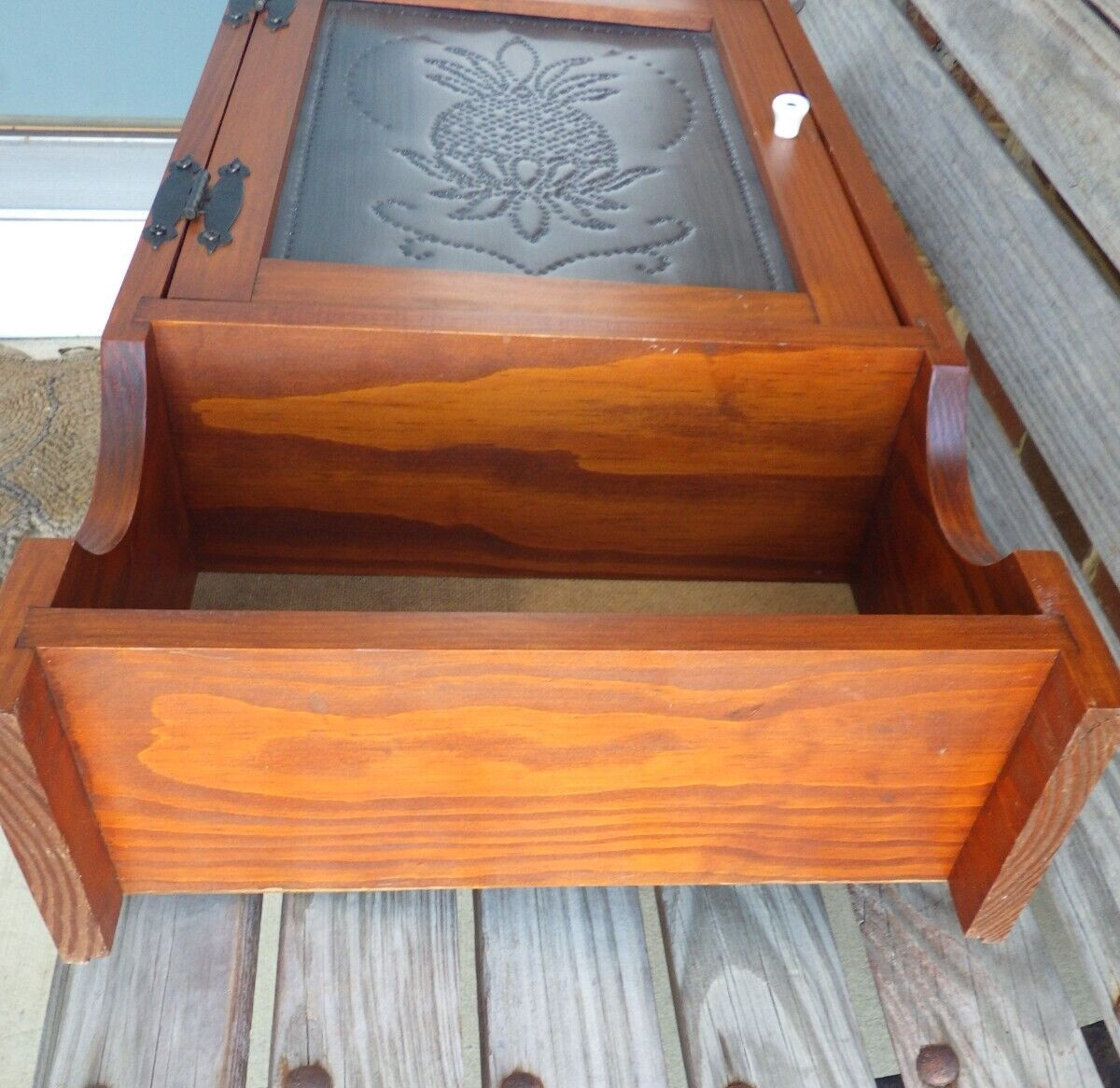 Wall Cabinet Mahogany Wood Punched Tin Pineapple Motif Farmhouse Décor