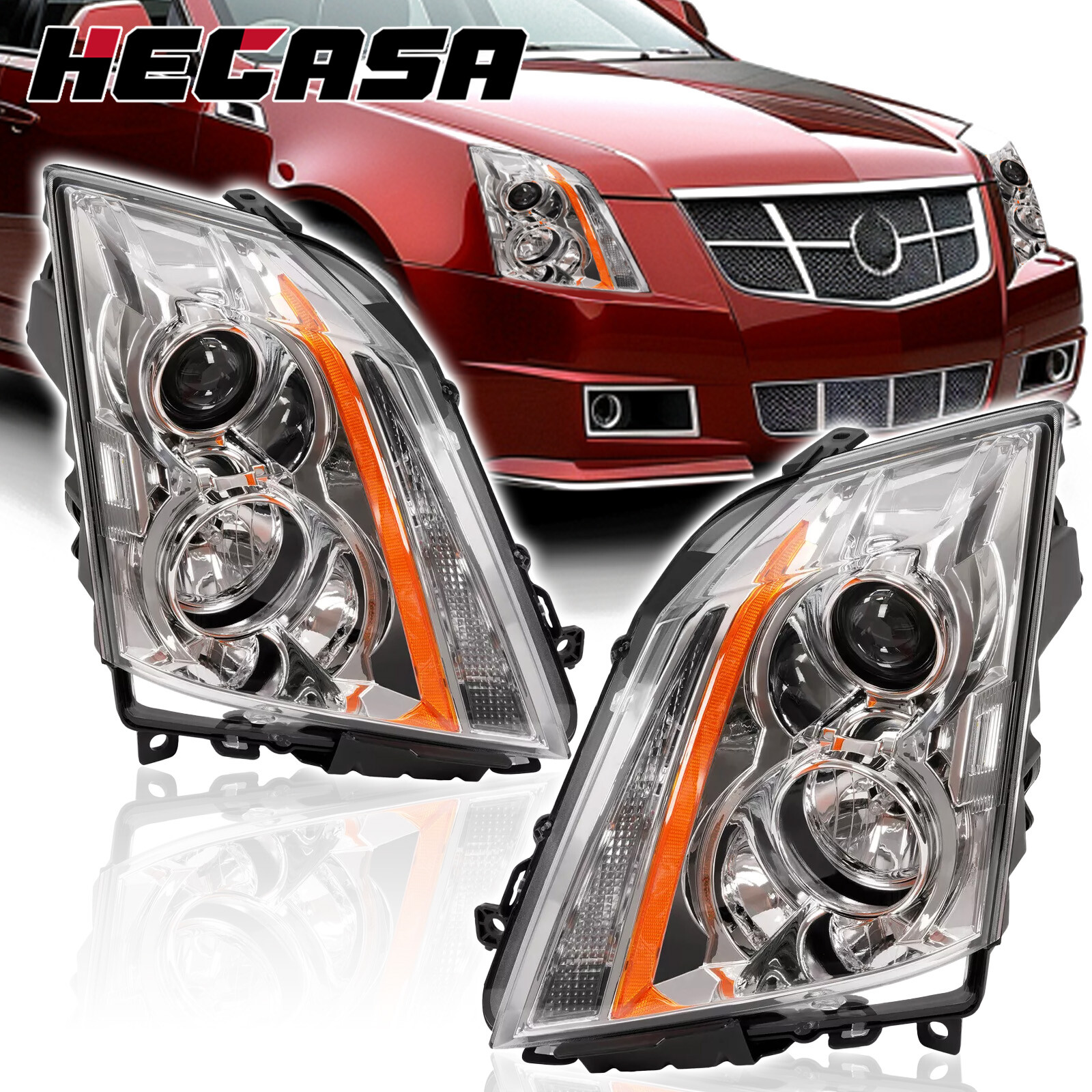 HECASA Halogen Pair Headlight For Cadillac CTS 08-15 Left and Right With Bulbs
