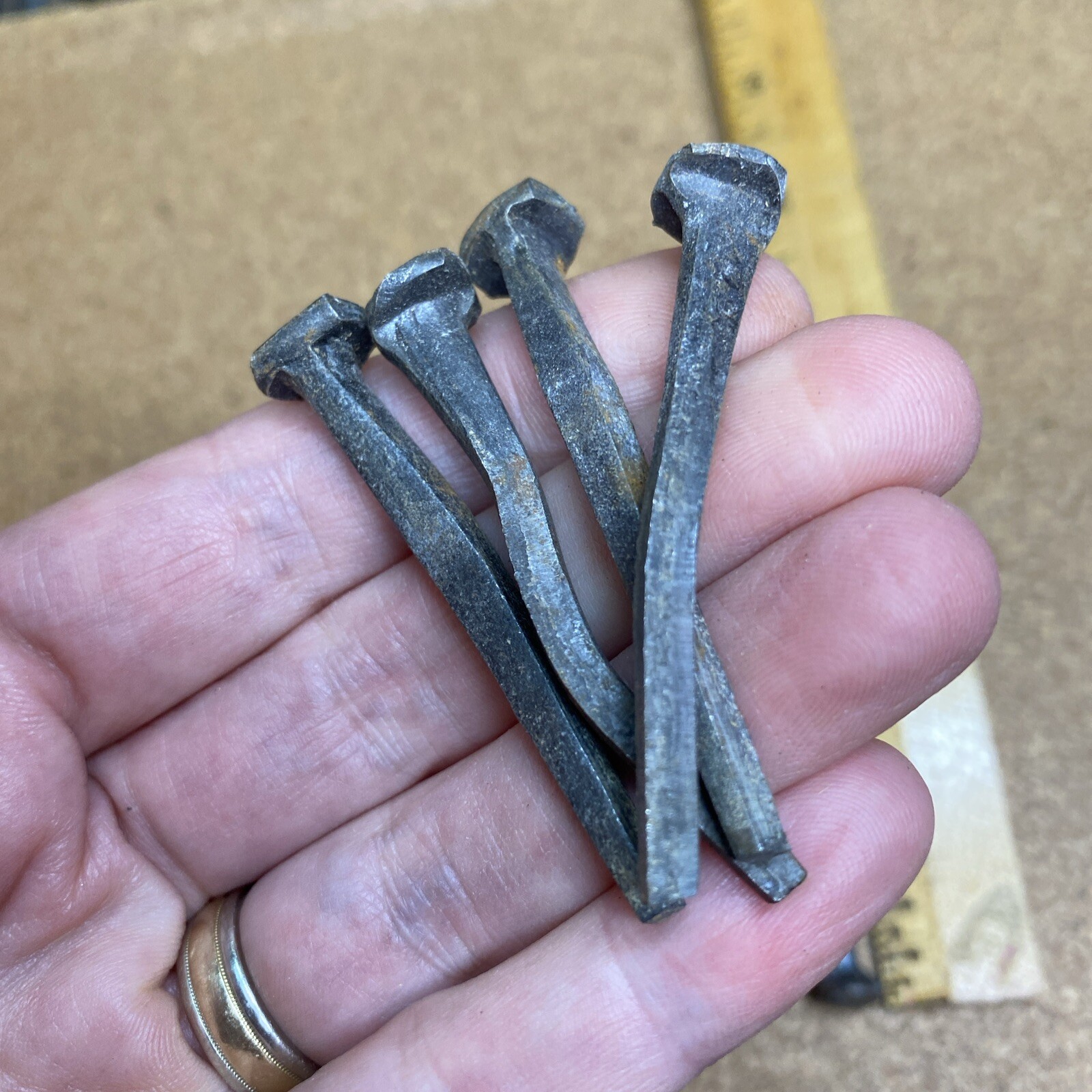 Lot of 10 Vintage Old Hand Cut 2” Square Head Nails, Rusty, craft Estate Find