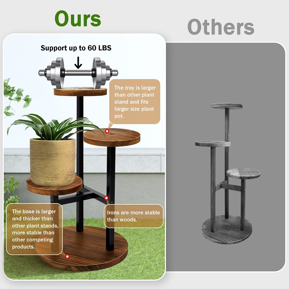 3 Tier Plant Stand, Tall Metal Wood Shelf Holder for Indoor, Outdoor Display ...