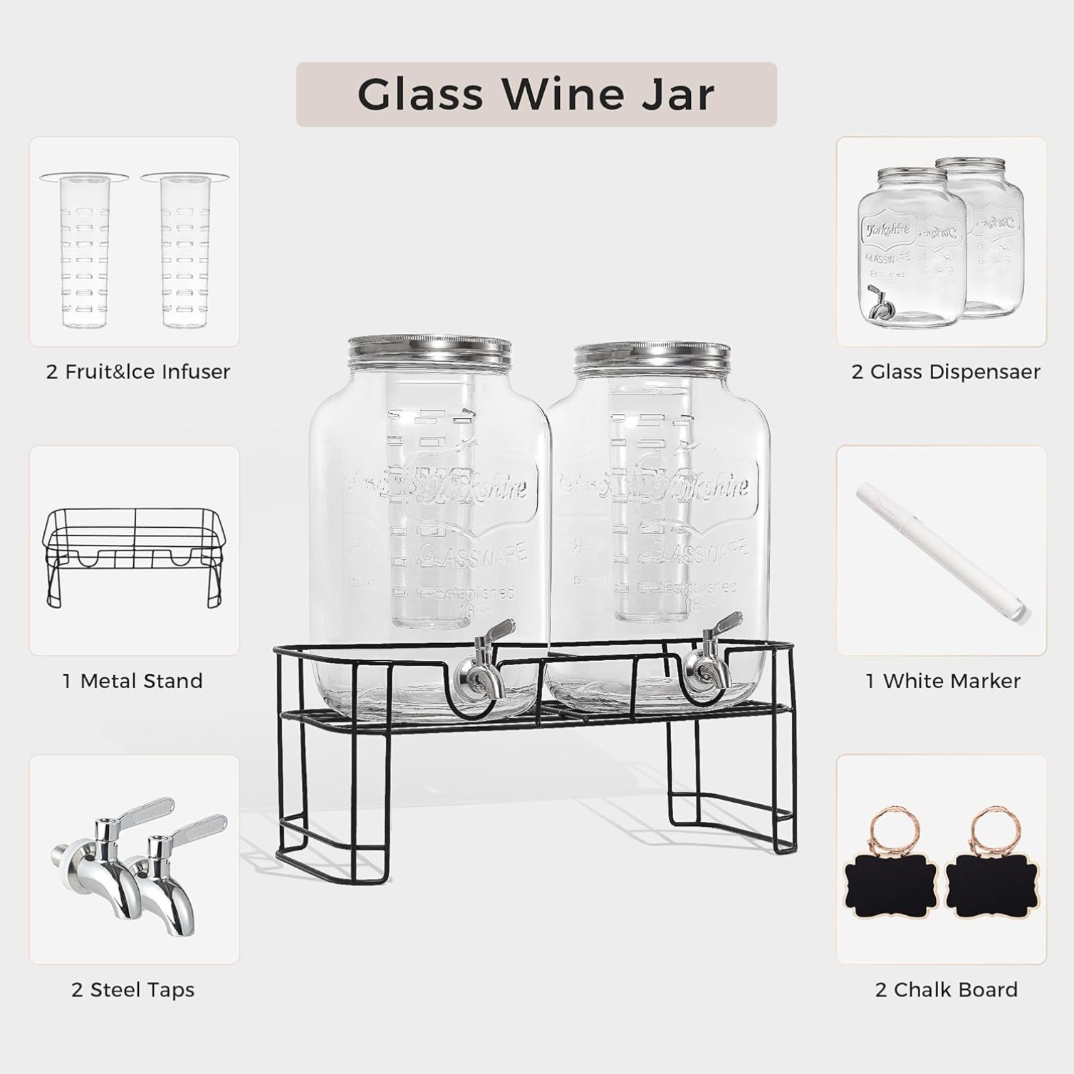 2 PACK 2 Gallon Leakproof Glass Beverage Drink Dispensers Metal Stand and Lid