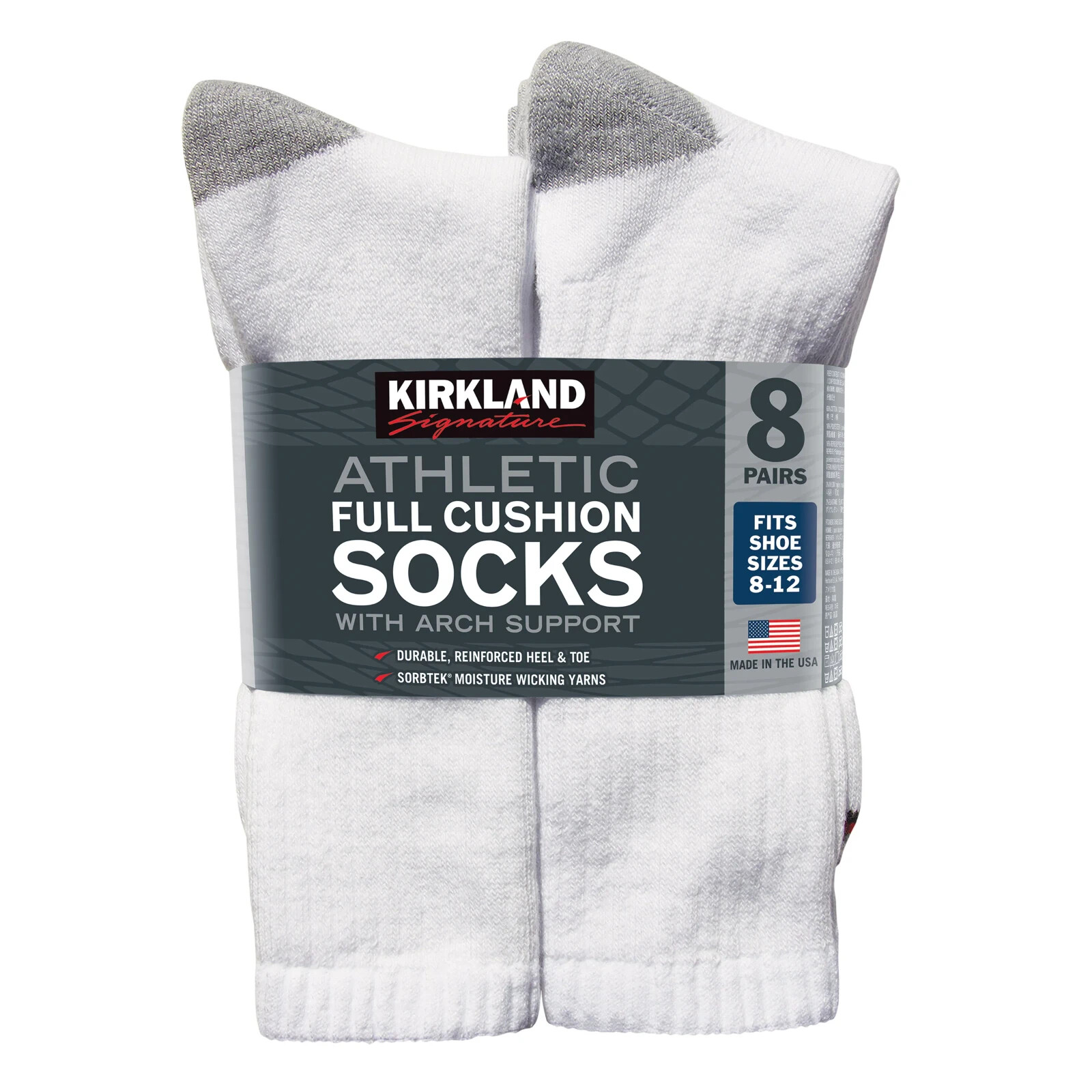 Kirkland Signature Men's Athletic Sock, 8-pair Arch Support Made in USA