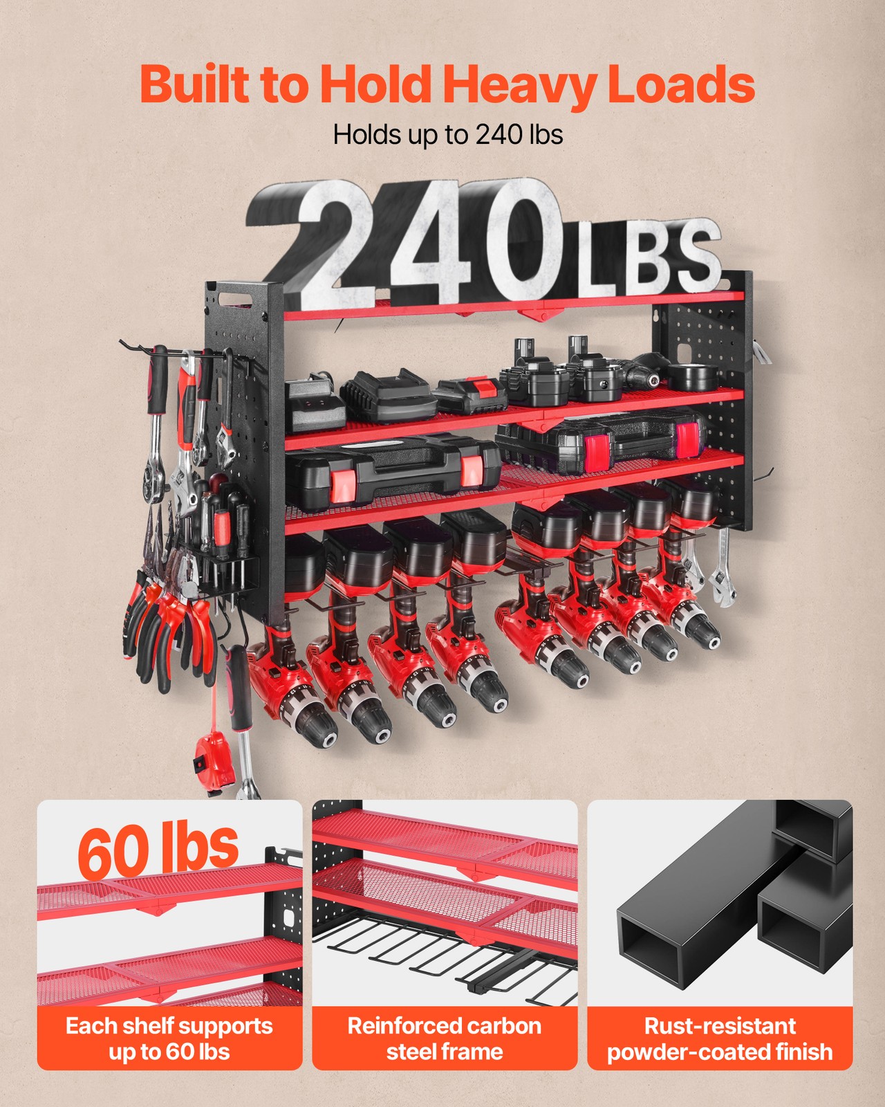 VEVOR Power Tool Organizer Wall Mount 4-Layer Drill Storage Rack 8 Drill Holders