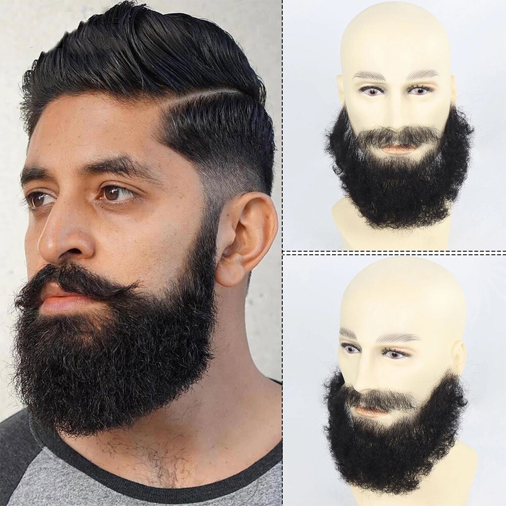 Afro Curly Men's Fake Beard 100% Human Hair Face Mustache Realistic Reusable