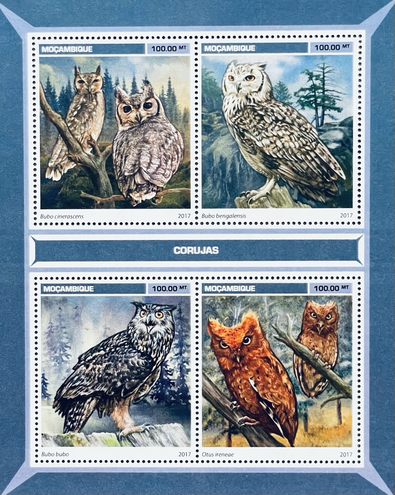 MOZAMBIQUE OWLS STAMPS MNH 2017 GREYISH EAGLE OWL BIRDS OF PREY EURASIAN BIRD