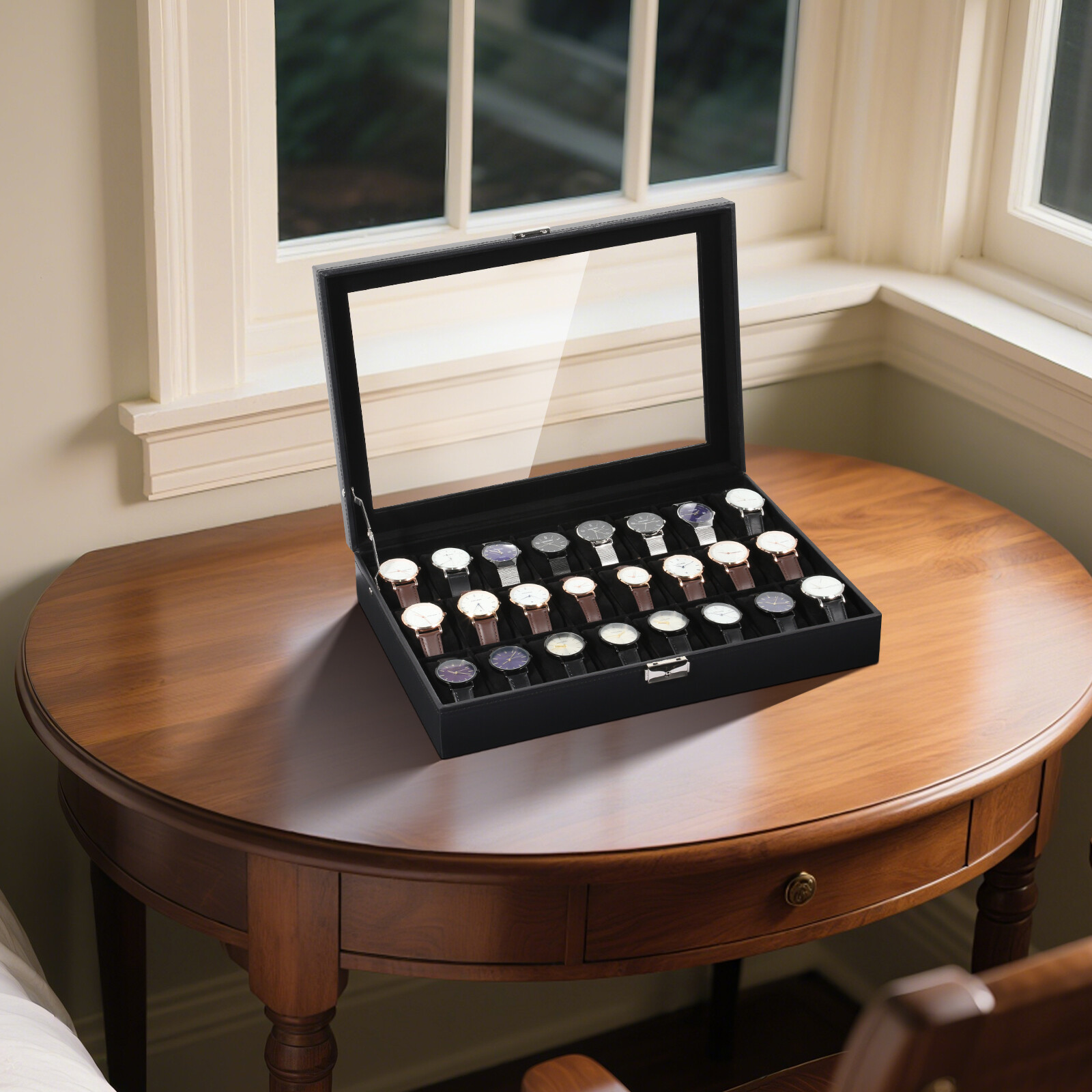 24 Slots Watch Case Box PU Leather Glass Lid Jewelry Organizer Display Case Gift