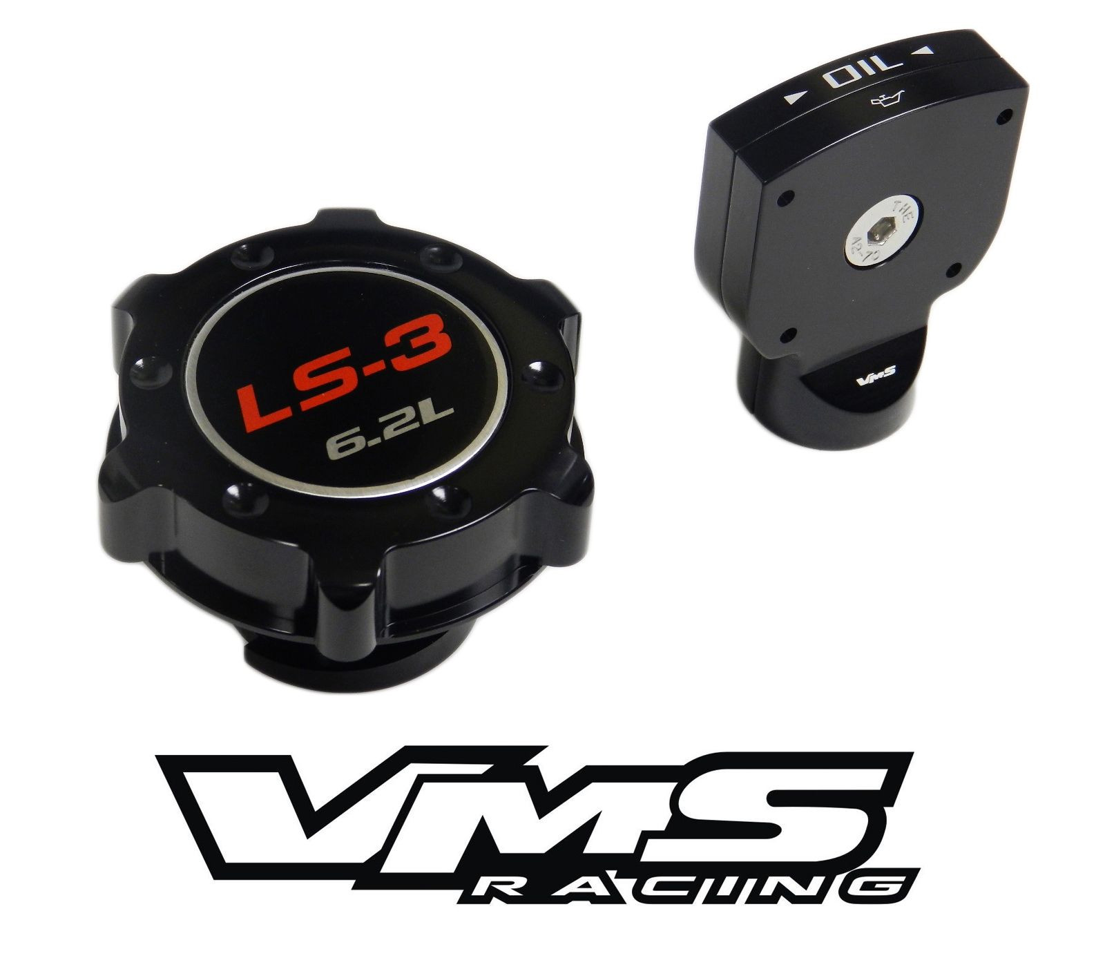 VMS BILLET ALUMINUM BLACK ANODIZED OIL CAP & DIPSTICK LS3 LS-3 6.2L EMBLEM