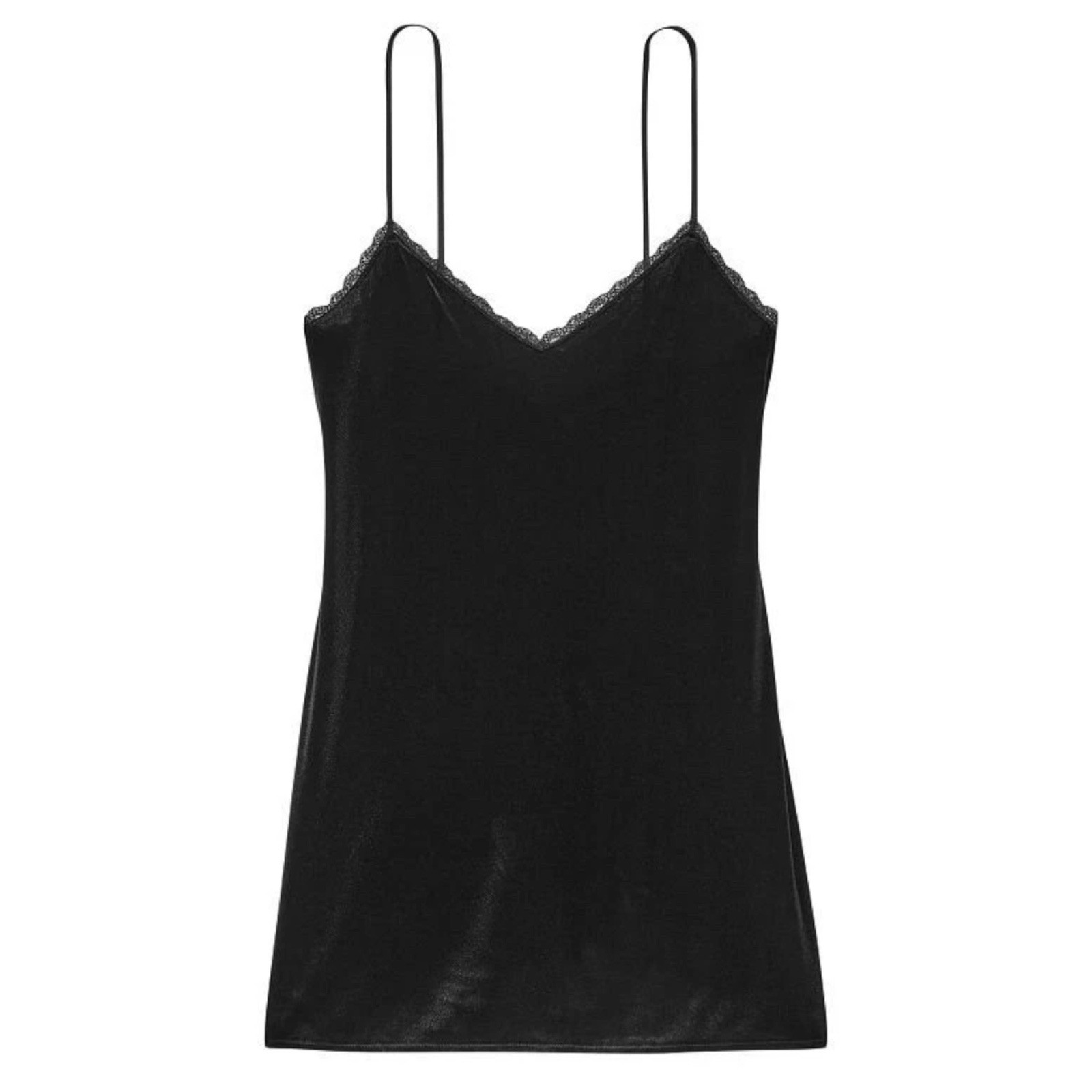 Victoria’s Secret Black Velvet Lace Trim Chemise Slip Dress Nightgown Size XL