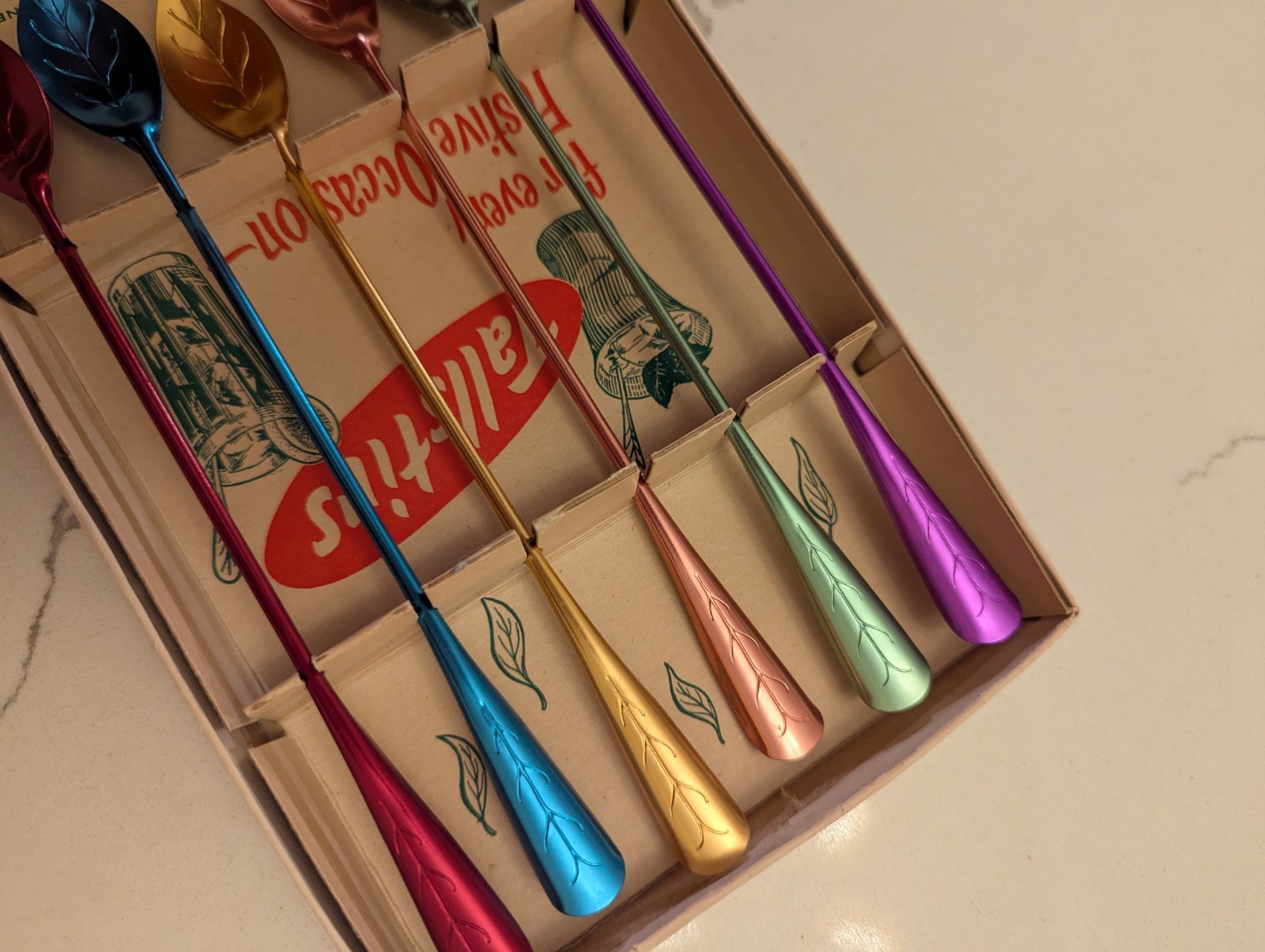 Tallstirs Aluminum Leaf Spoons MCM 1950s Original Box Bar Mid-century Modern