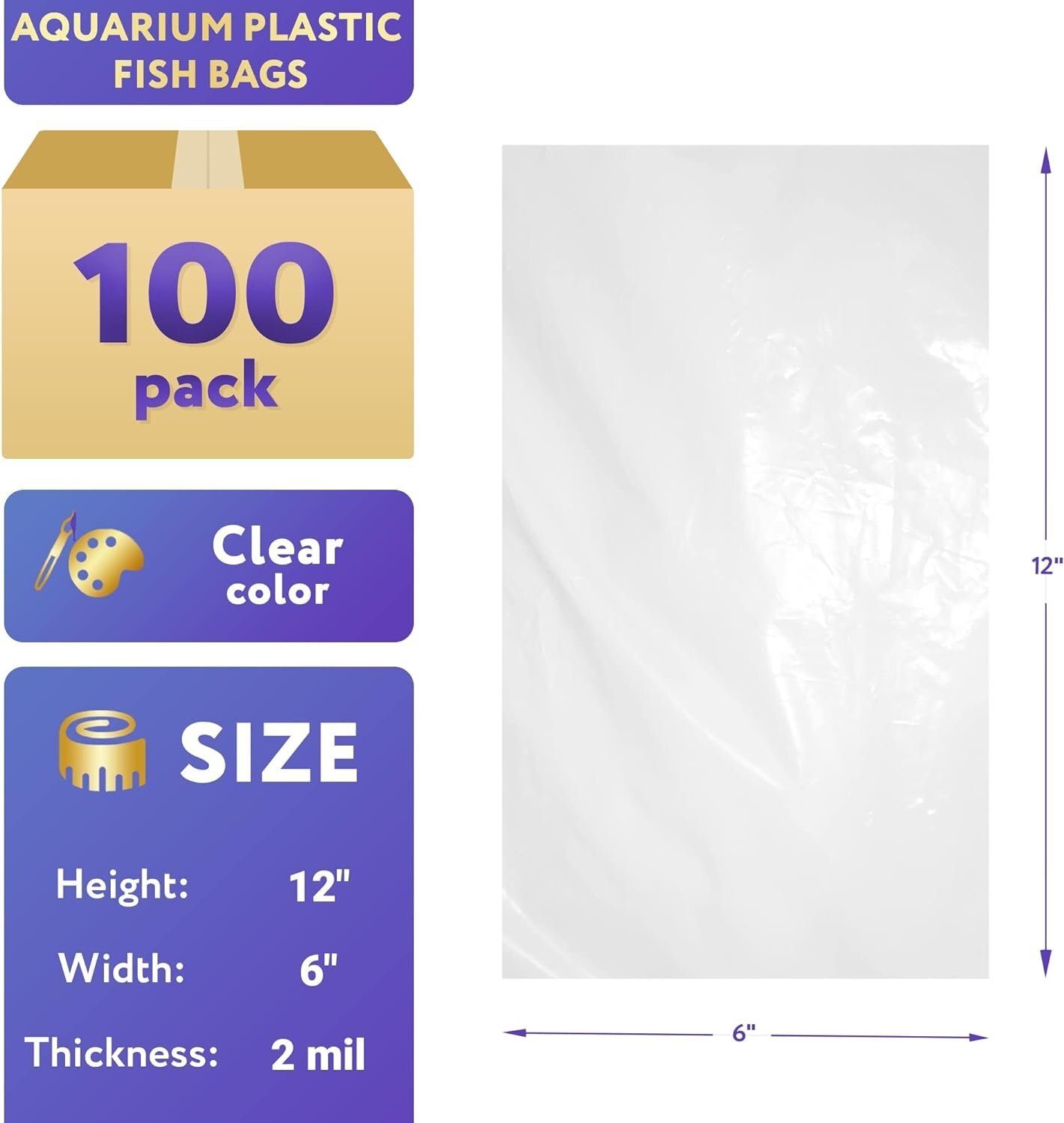 Plastic Aquarium Fish Shipping Bags Watertight 6" x 12" x 2mil 100ct