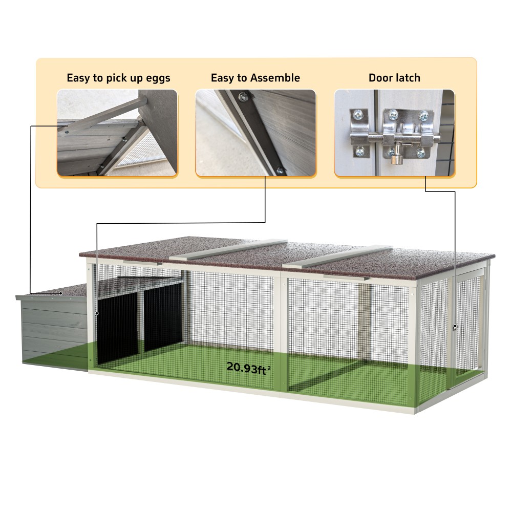 20.93ft² Walk-in Chicken Coop - Large Wooden Hen House w/ Metal Mesh Run Farm