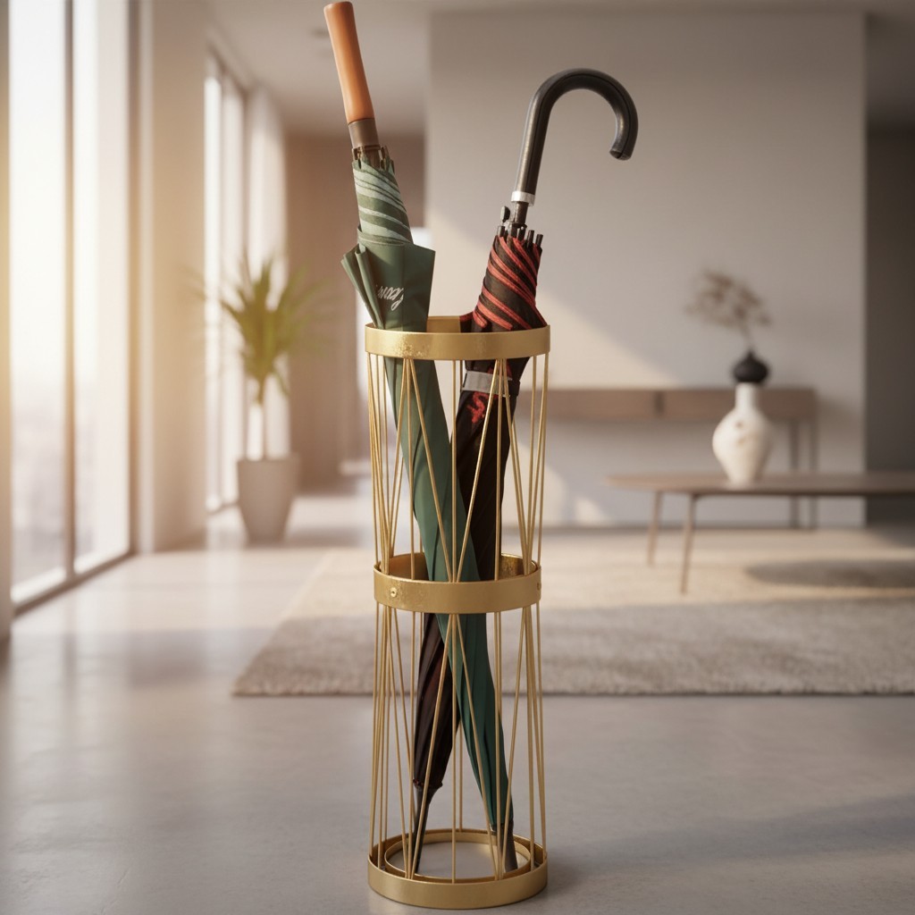 Rustic Modern Umbrella Stand in Gold, Includes Soakstone Water Absorption Tray