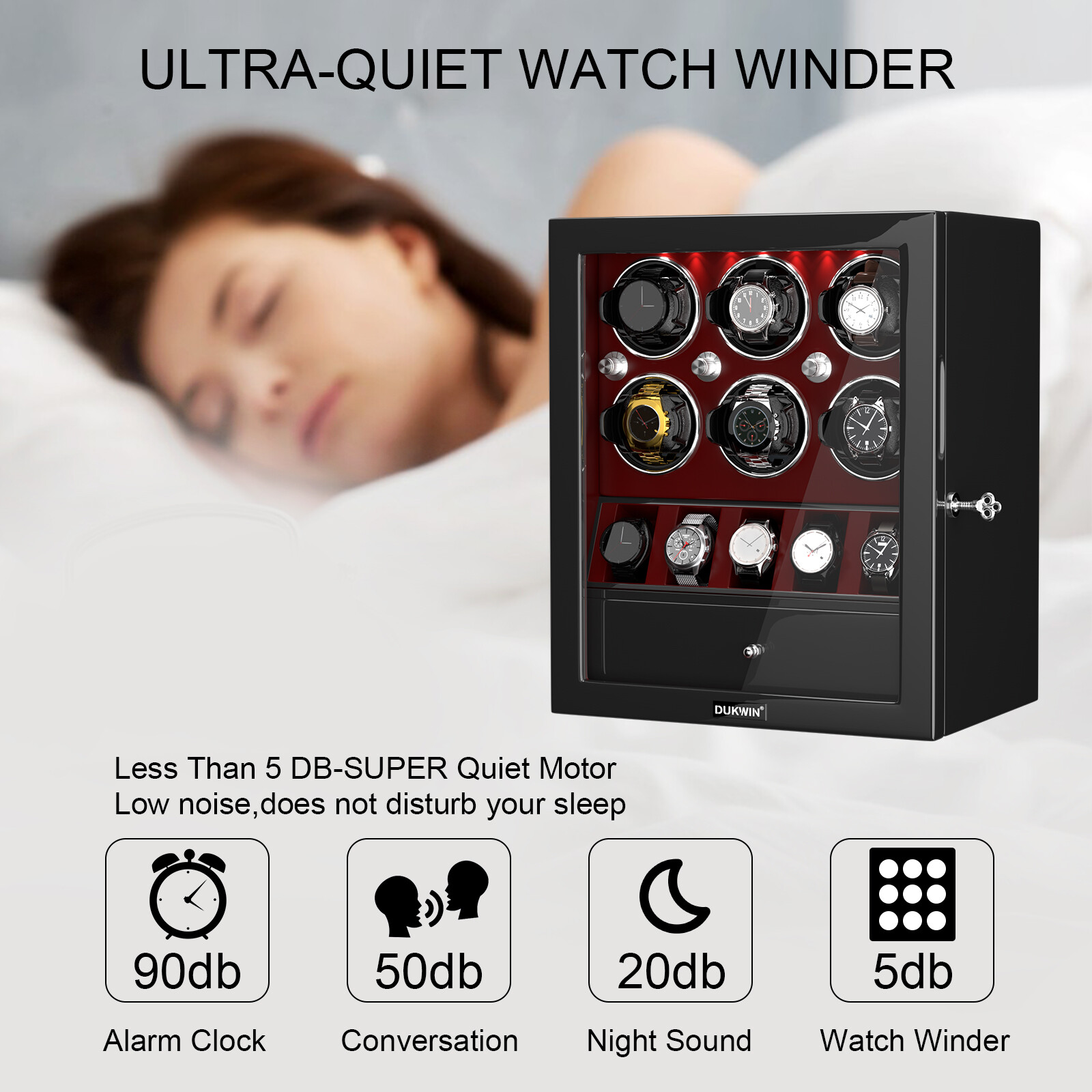 DUKWIN Automatic 6 Watch Winder with 5 Watches Display Storage Case Box LED Red