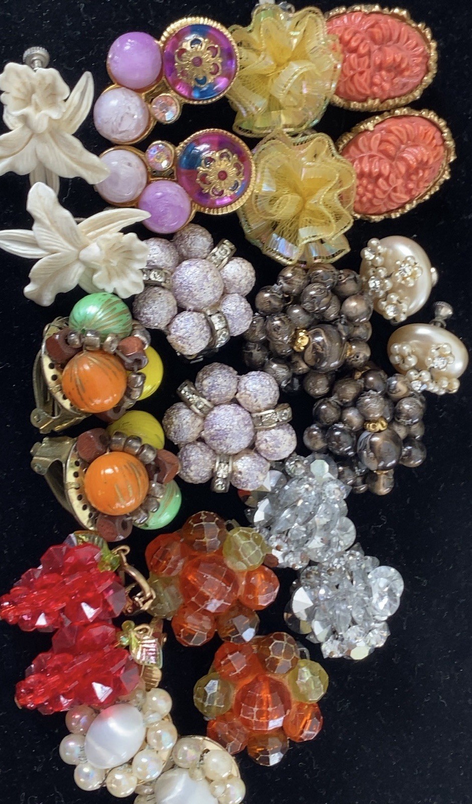 Vintage Bead Earring Lot ~ 12 Stunning Pairs ~ Clip & Screw ~ Flower Rhinestone