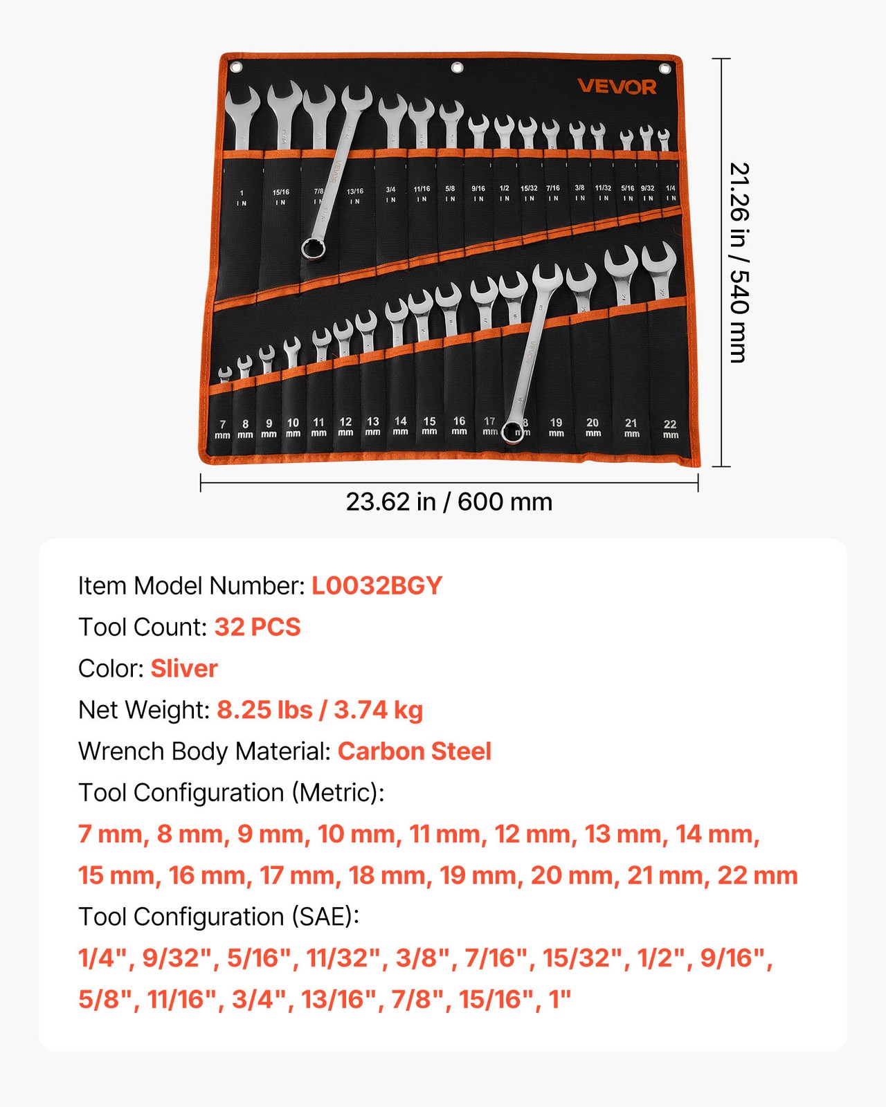 VEVOR Combination Wrench Set Box End Open End Combination Wrenches 32-Piece