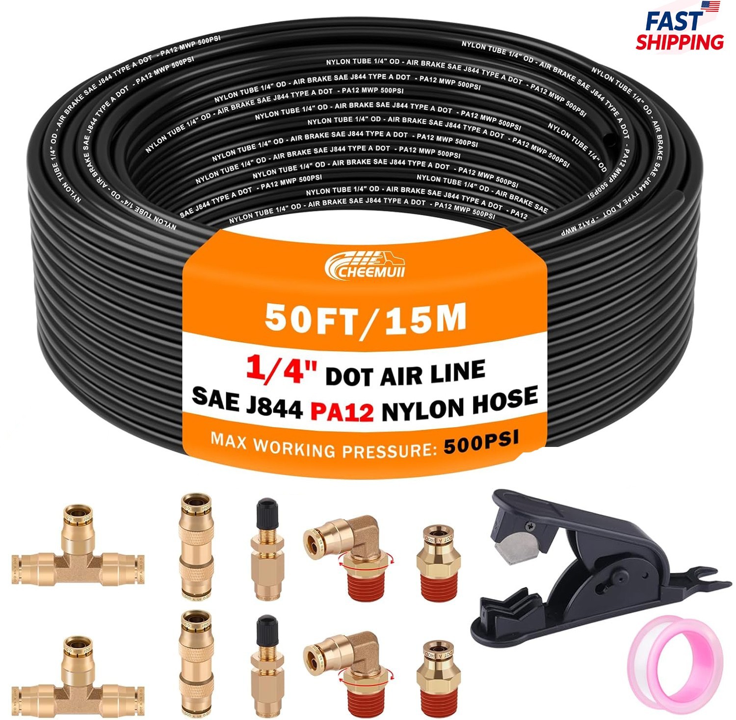 Air Suspension Bags DOT 1/4" Air Line Hose 50FT Brass Fittings Kit 10PC Rv&Truck