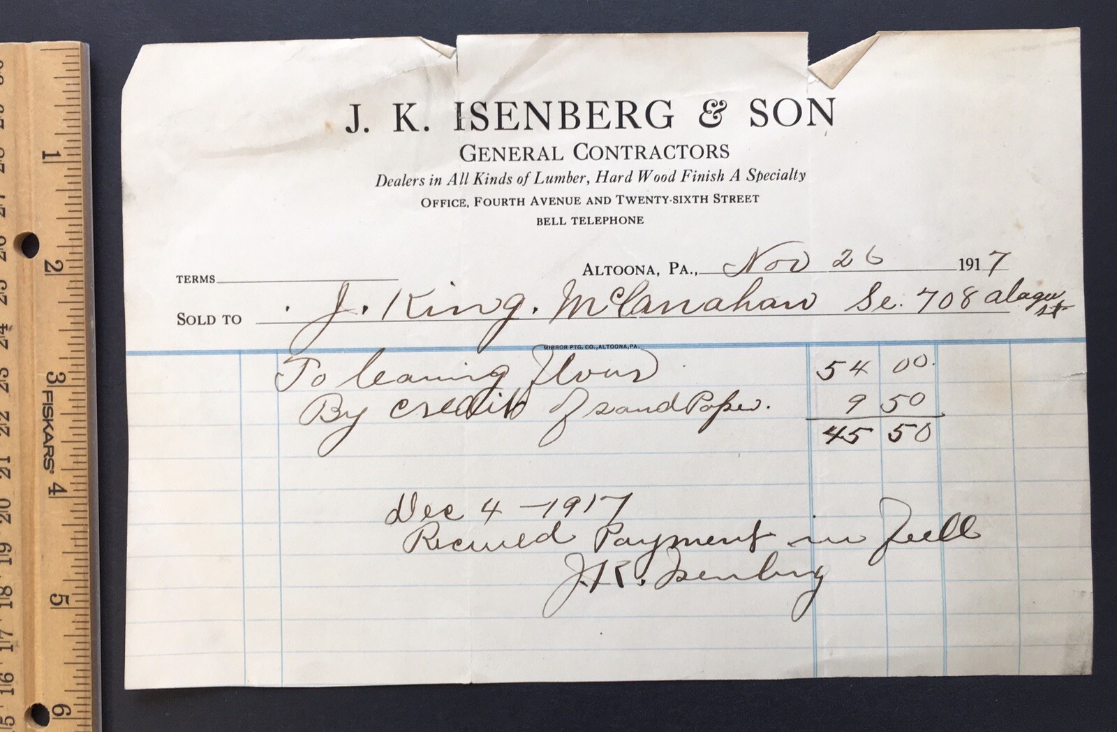 J.K. Isenberg & Son General Contractors Billhead 1917 Altoona Pennsylvania