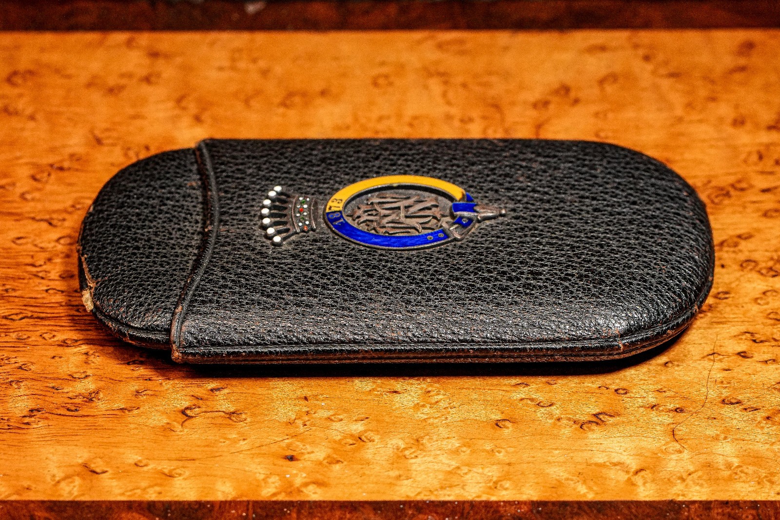 Austrian Antique Victorian Leather Cigar Case Silver Enamel Armorial Tobacciana