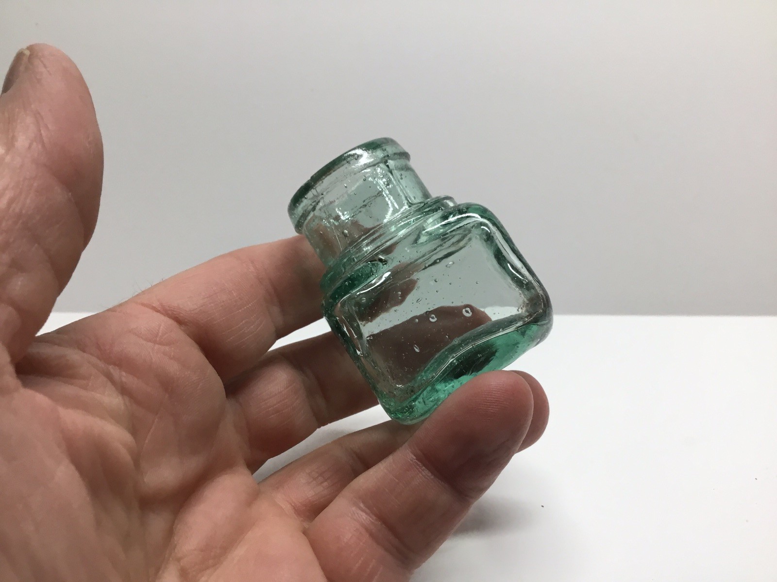 Small Antique Aqua Cube Finished Top Inkwell.