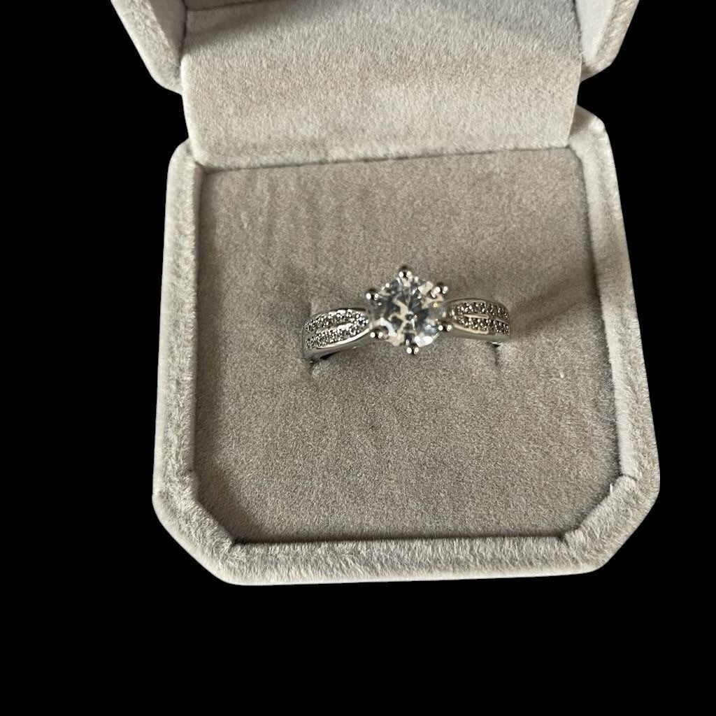 Silver-Tone CZ Moissanite Engagement Ring Bridal Wedding Elegant Sparkle Gift