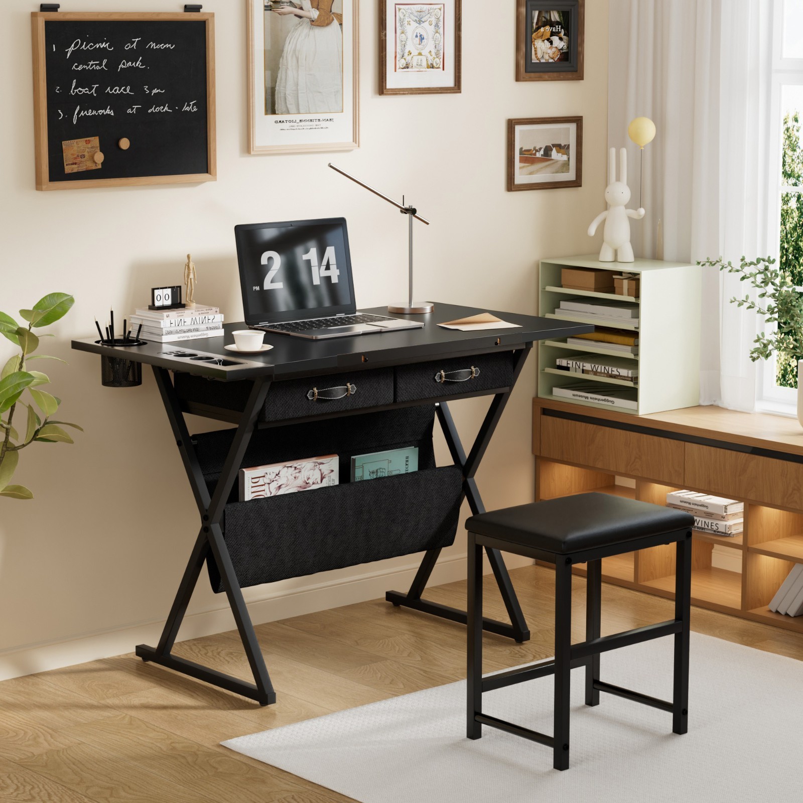 Vecelo Drafting Table Art Desk Art Table Adjustable Drawing Table w/Drawer Stool