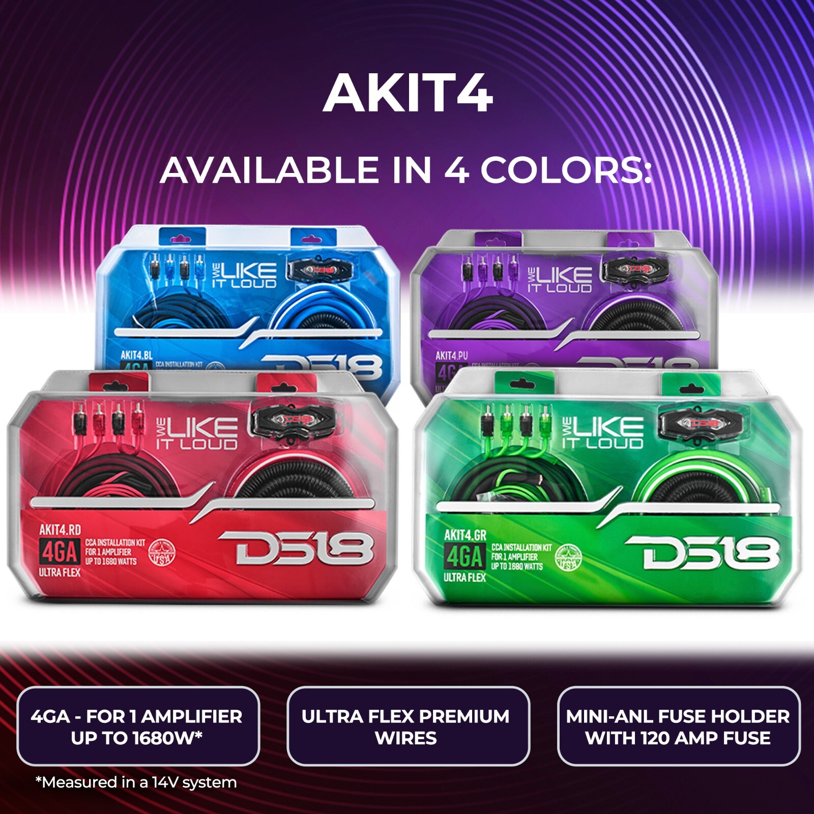DS18 AKIT4.RD 4-GA Amplifier Installation Kit - Up to 1680 Watts RMS