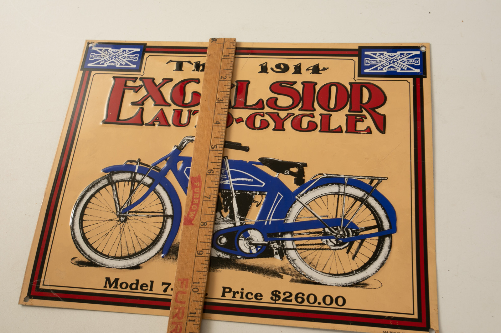 The 1914 Excelsior (P4L) Motorcycle Sign (JSF6) Model 7-T.S. Tin Tacker 14x11"