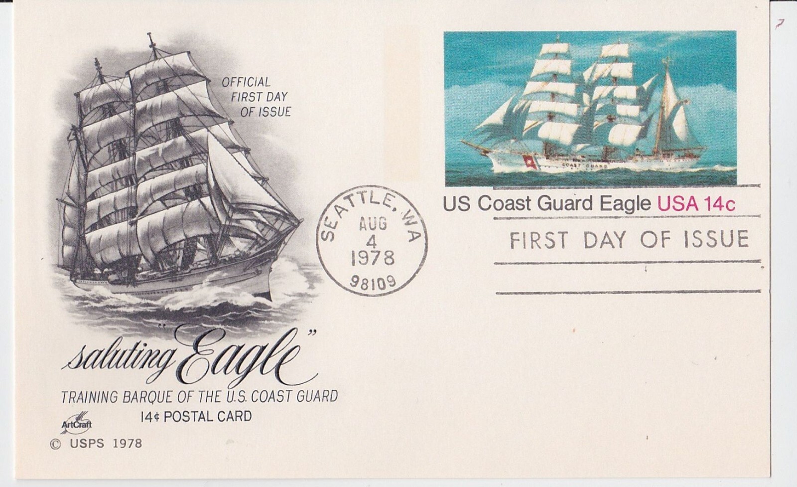 TurtlesTradingPost- Coast Guard Eagle- 1978 FDC #UX76 - Artcraft Cachet