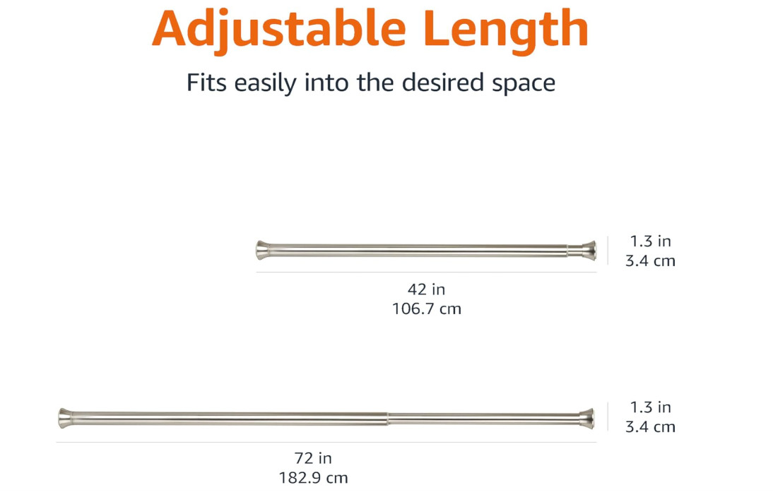 Brushed Nickle Easy install shower curtain tension rod, adjustable length, 42-73