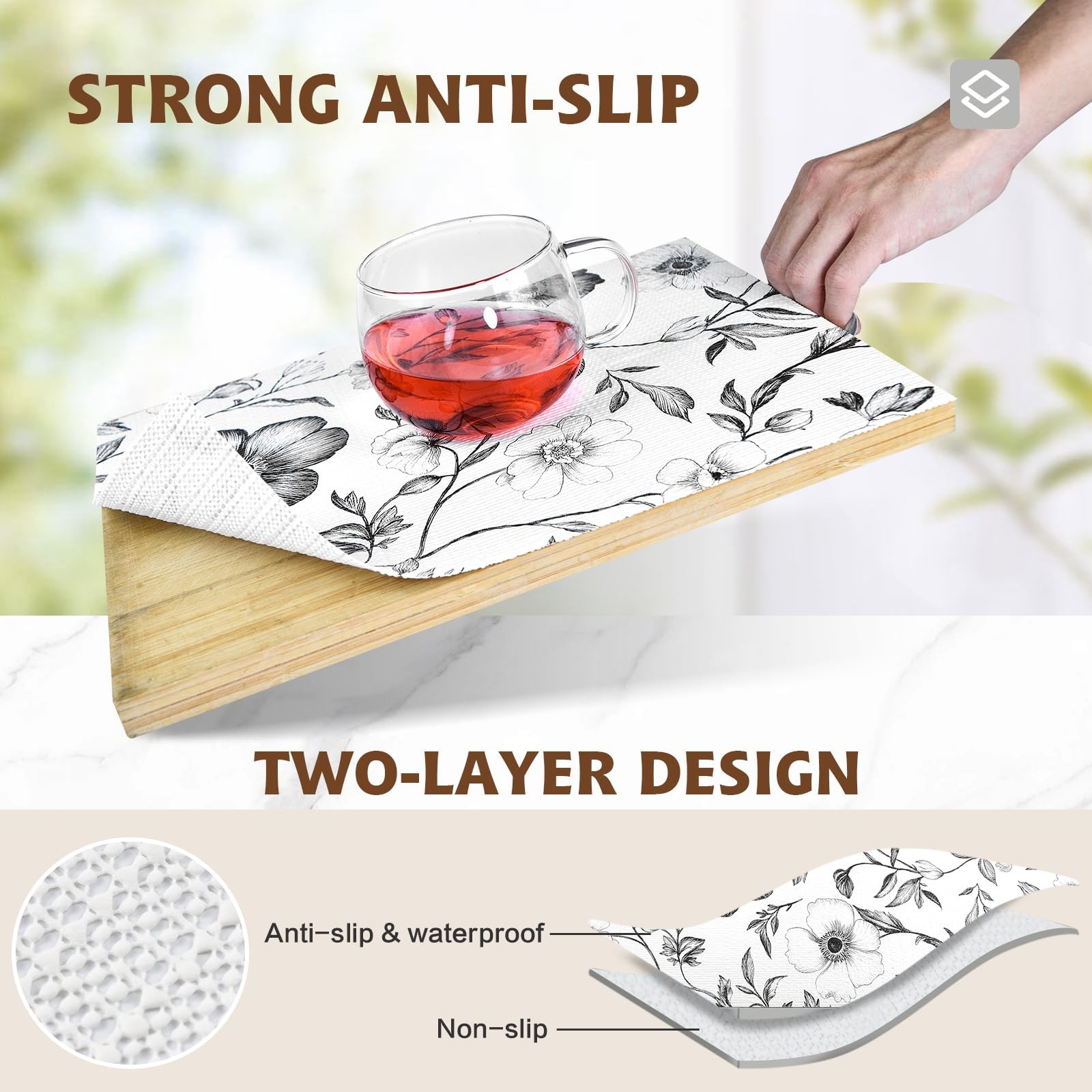 Drawer and Shelf Liner Black Flowers 12in x 20FT, Non Adhesive Anti-Slip Doub...