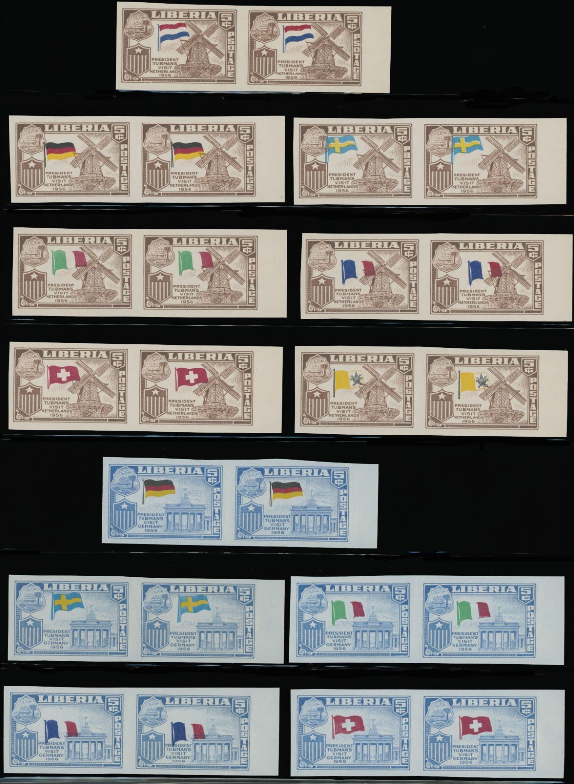 1958 LIBERIA PRESIDENT'S VISITS 42 IMPERF PAIRS W/WRONG FLAGS SC#368-70, C114-17