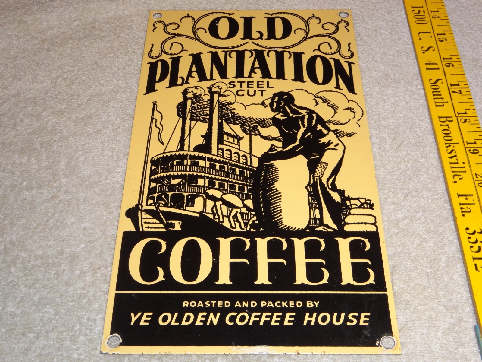 VINTAGE OLD PLANTATION COFFEE W/ PADDLE BOAT 10.5" PORCELAIN METAL GASOLINE SIGN