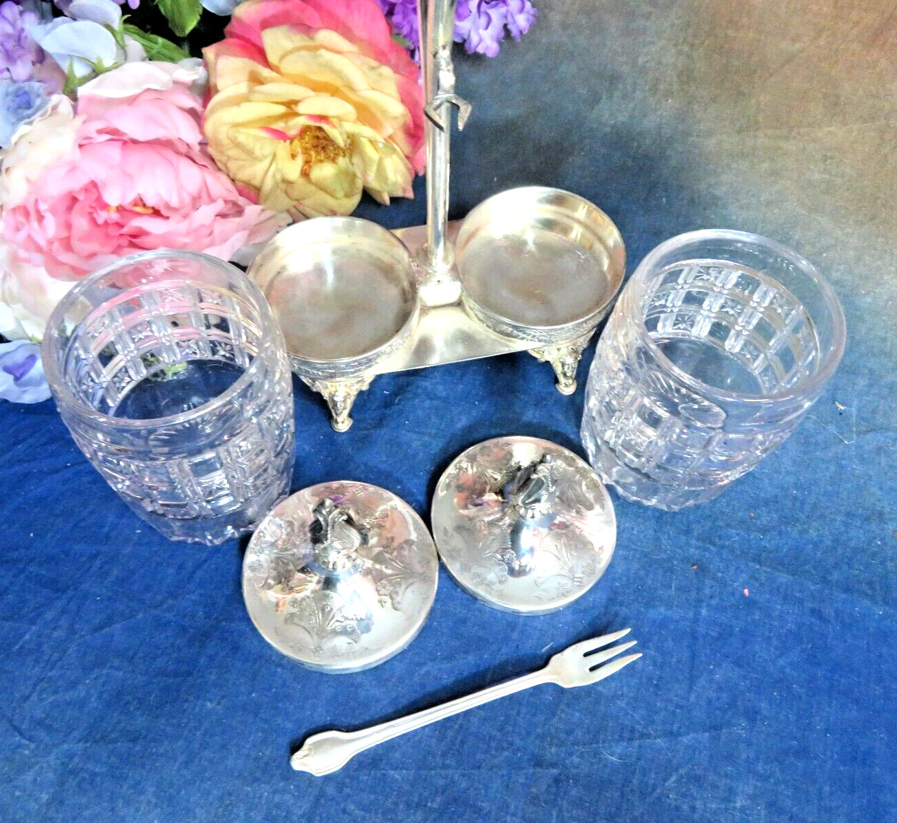 Pickle Castor silver plate frame Meriden B double EAPG jars Antique Victorian