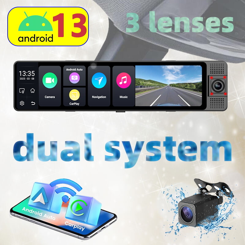 3 Channel 12"Car Rearview Mirror Dash Cam 4G Android 13 GPS Navi Camera Recorder