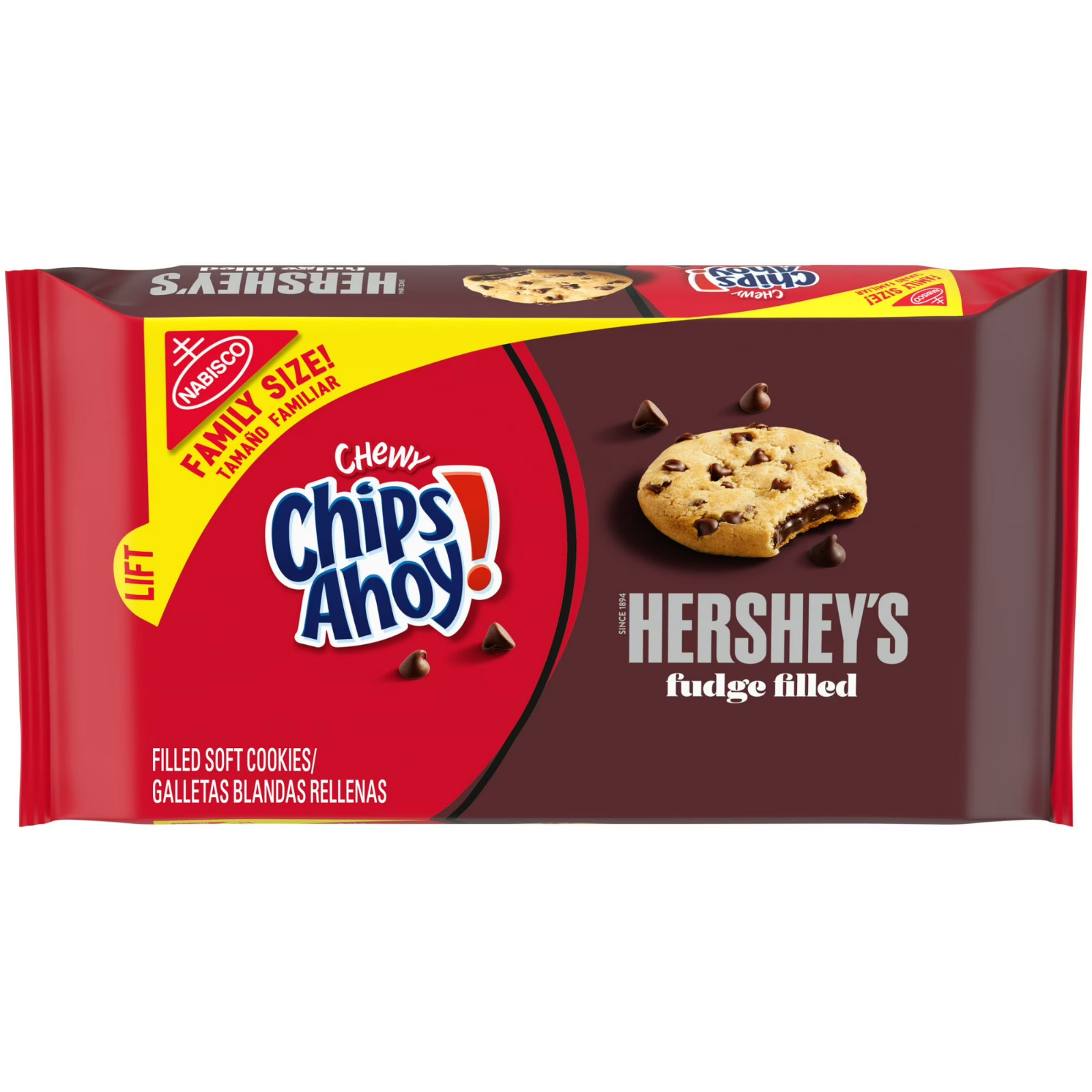 Chips Ahoy chewy Cookies Hershey’s fudge filled 14.85 oz Family size Soft baked.