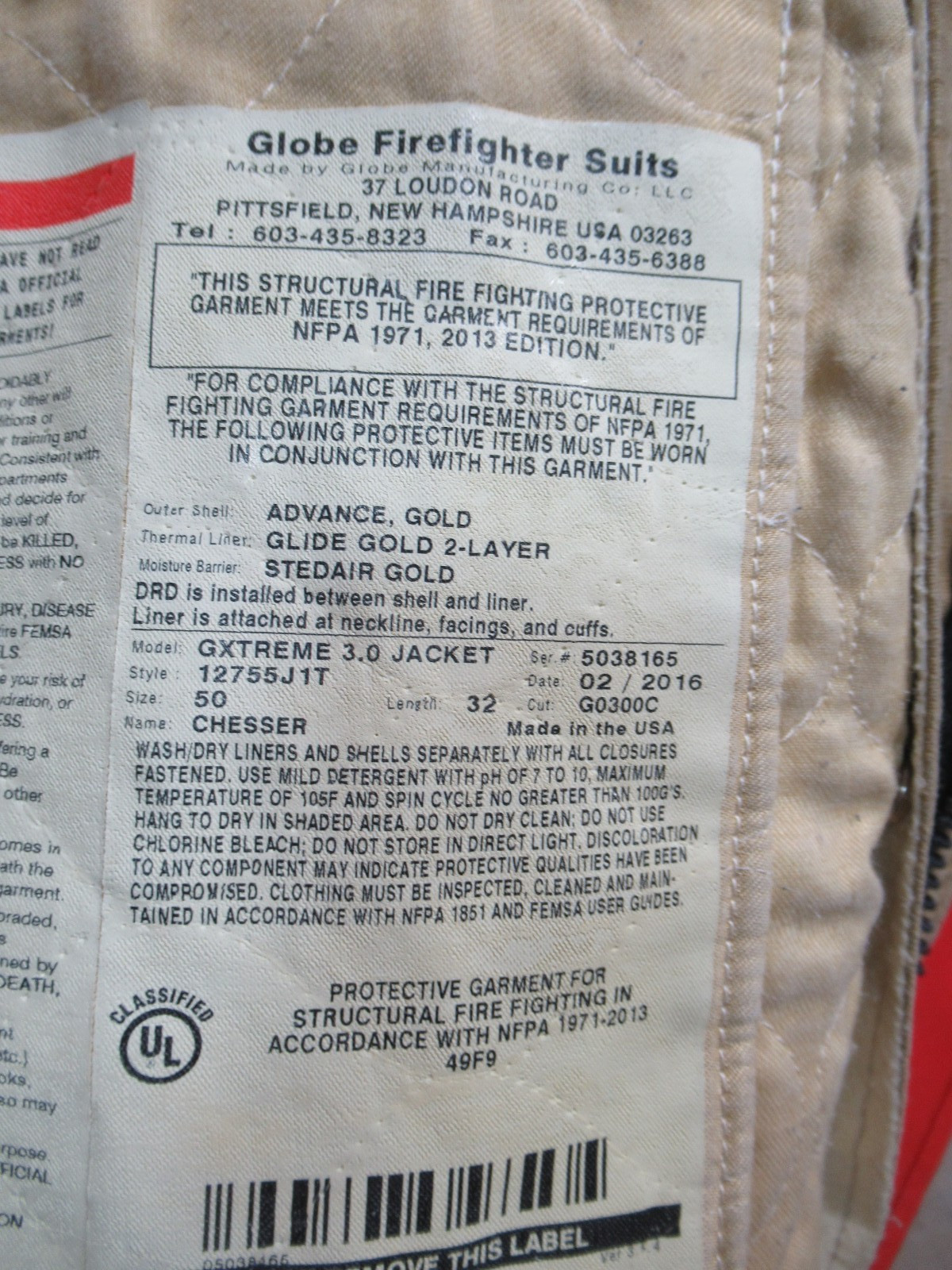 Mfg 2016 GLOBE GXTREME 3.0 JACKET 50 x 32 Firefighter COAT Turnout Bunker GEAR