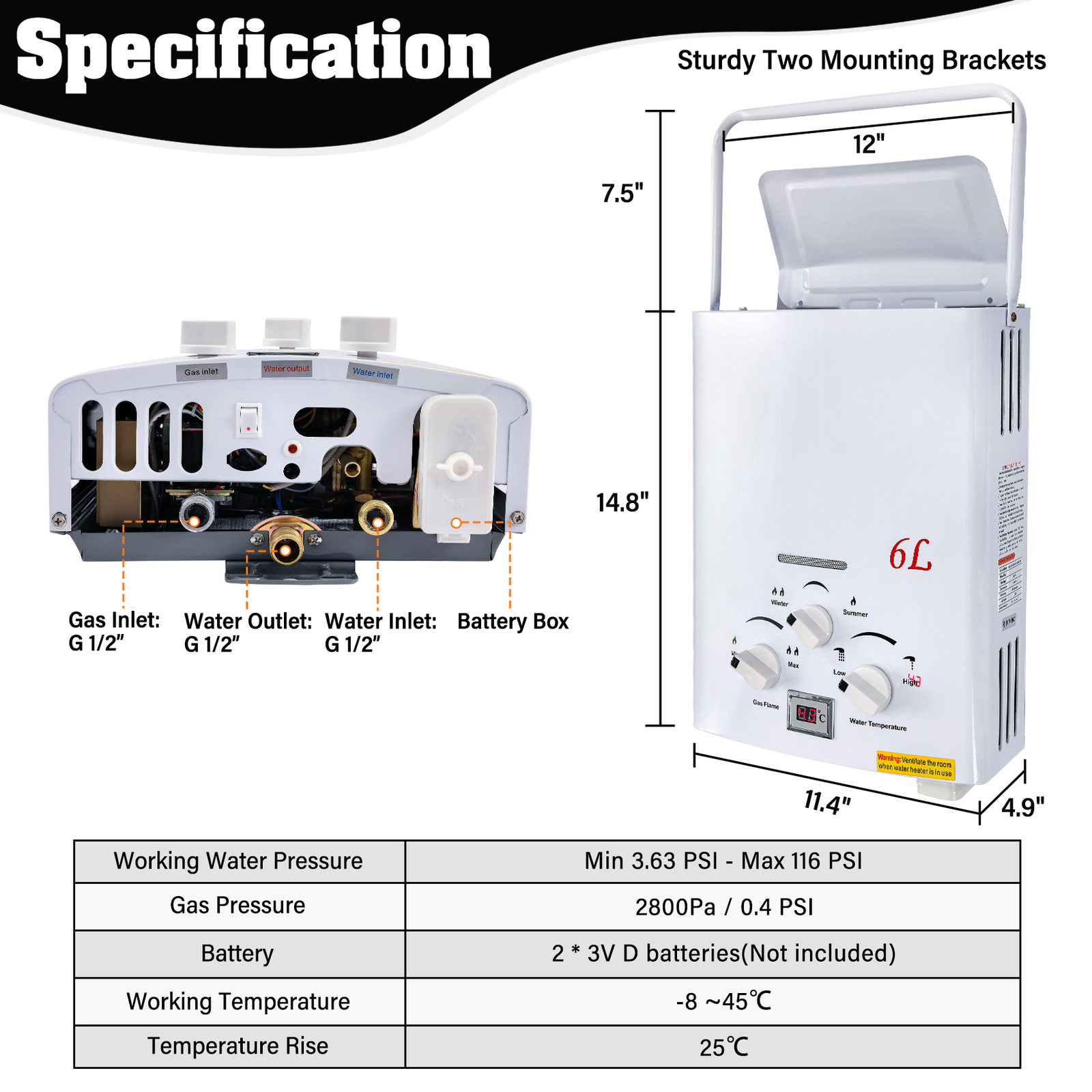 Portable LPG Propane Gas Hot Water Heater 6L Tankless Instant Boiler Outdoor RV