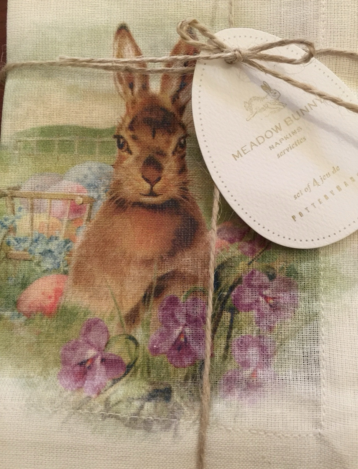 NWT S/4 Pottery Barn ~MEADOW BUNNY~ COTTON DINNER NAPKINS ~EASTER~ GARDEN FLOWER