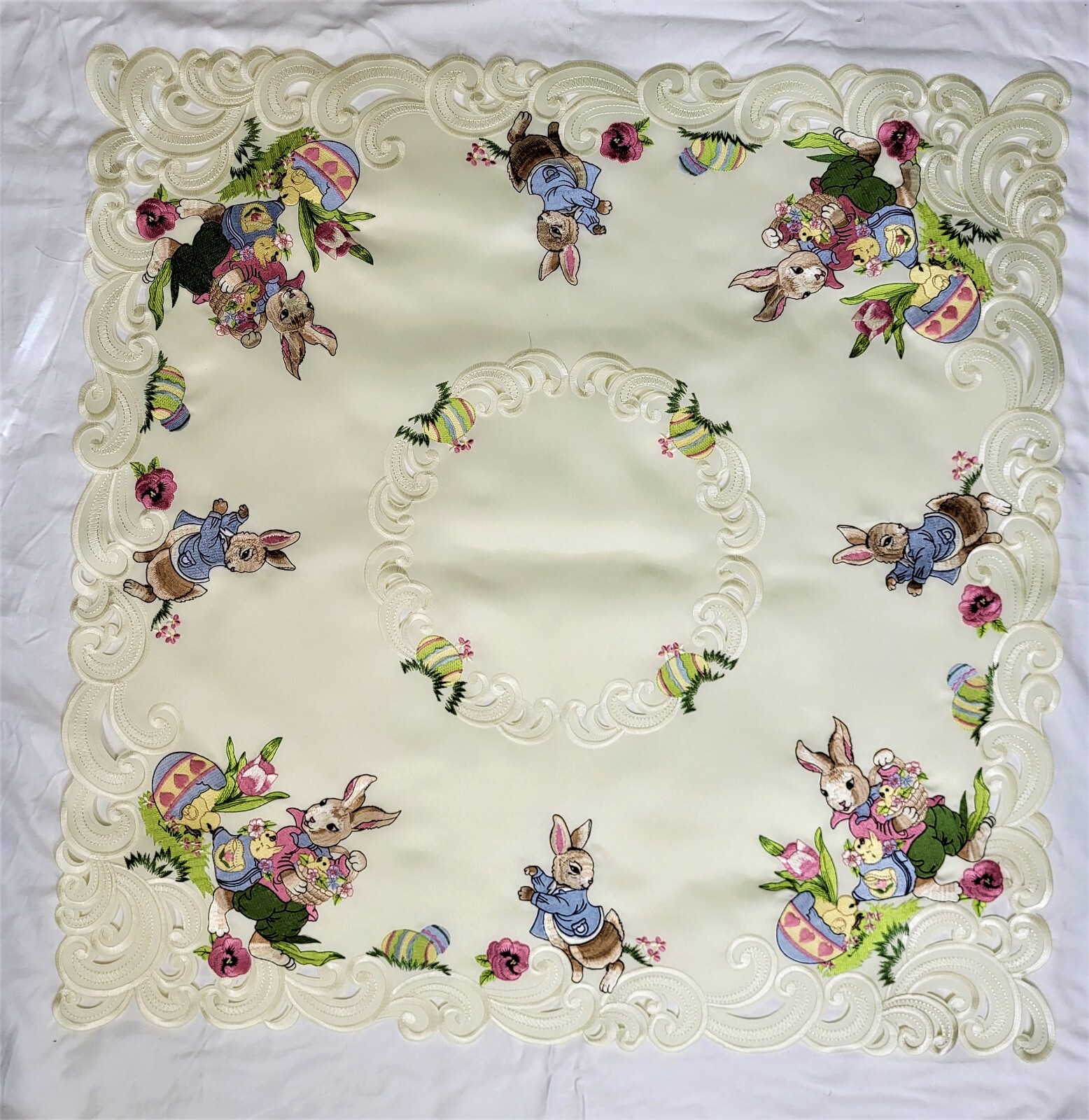 Doily Boutique Table Runner, Doily, Mantel Scarf with Easter Bunny on Ivory